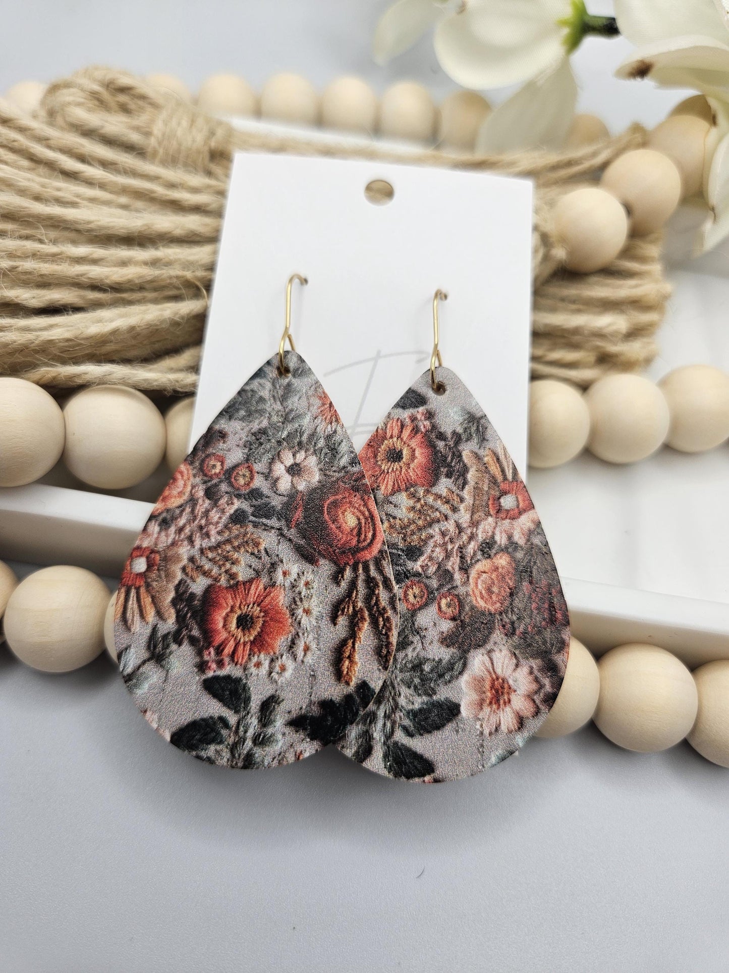 Large Floral Cork Teardrop Earrings Backed with Genuine Leather