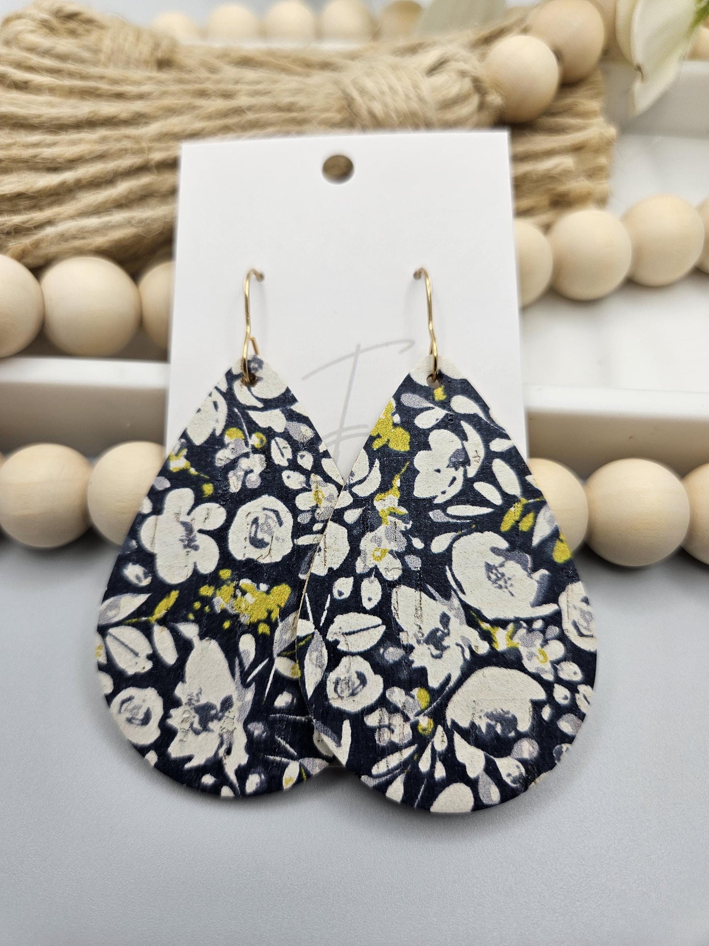 Large Navy Floral Cork Teardrop Earrings Backed with Genuine Leather