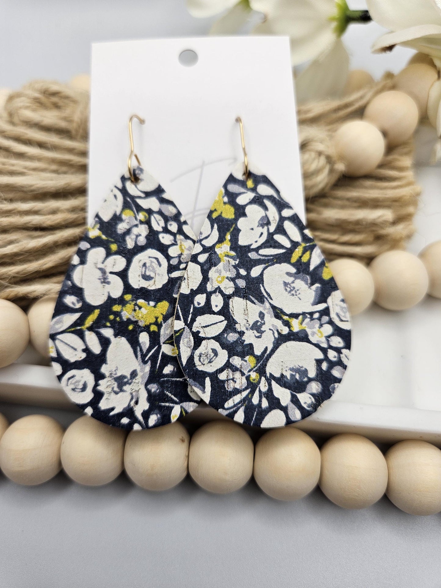 Large Navy Floral Cork Teardrop Earrings Backed with Genuine Leather