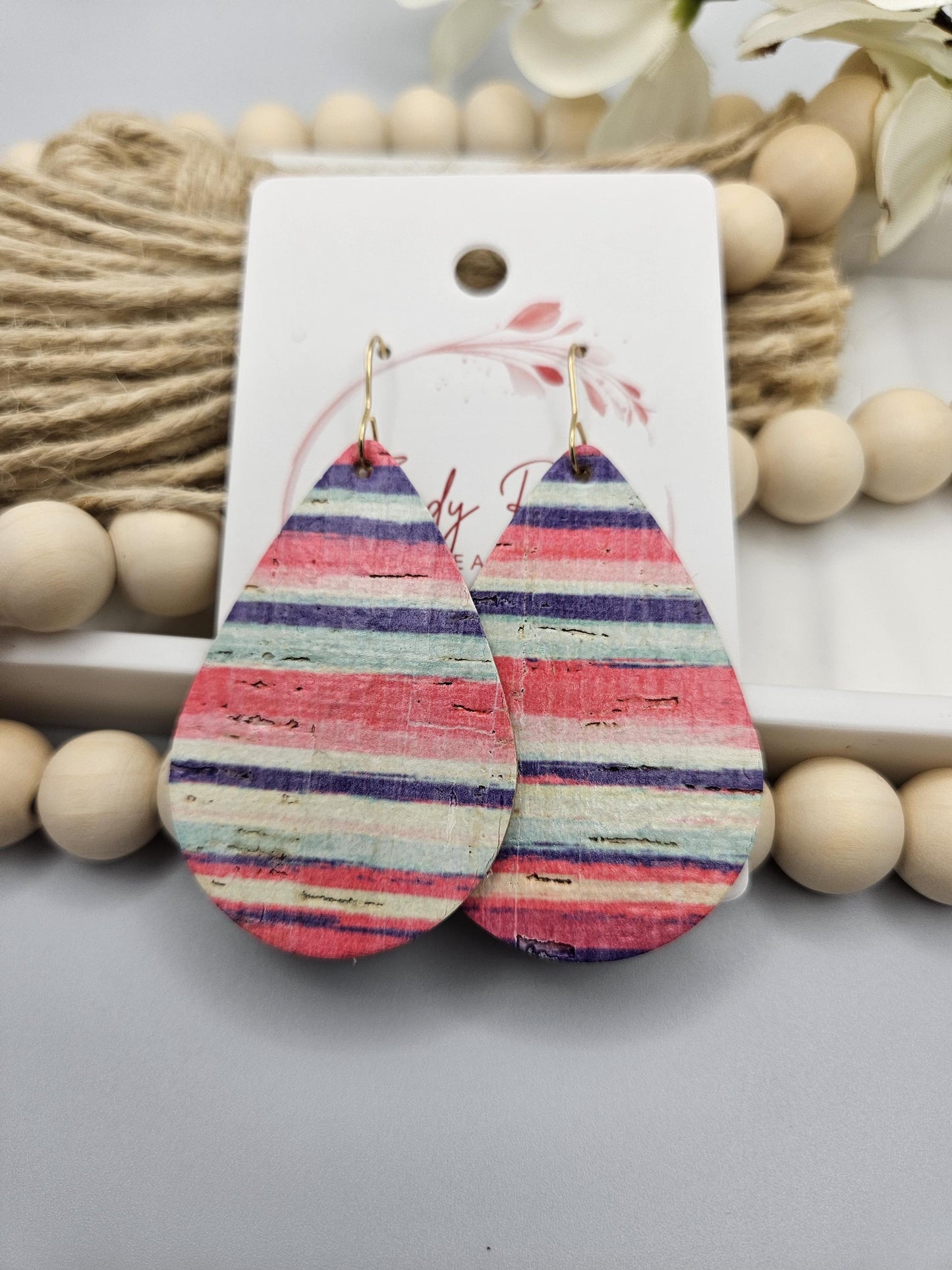 Large Striped Cork Teardrop Earrings Backed with Genuine Leather