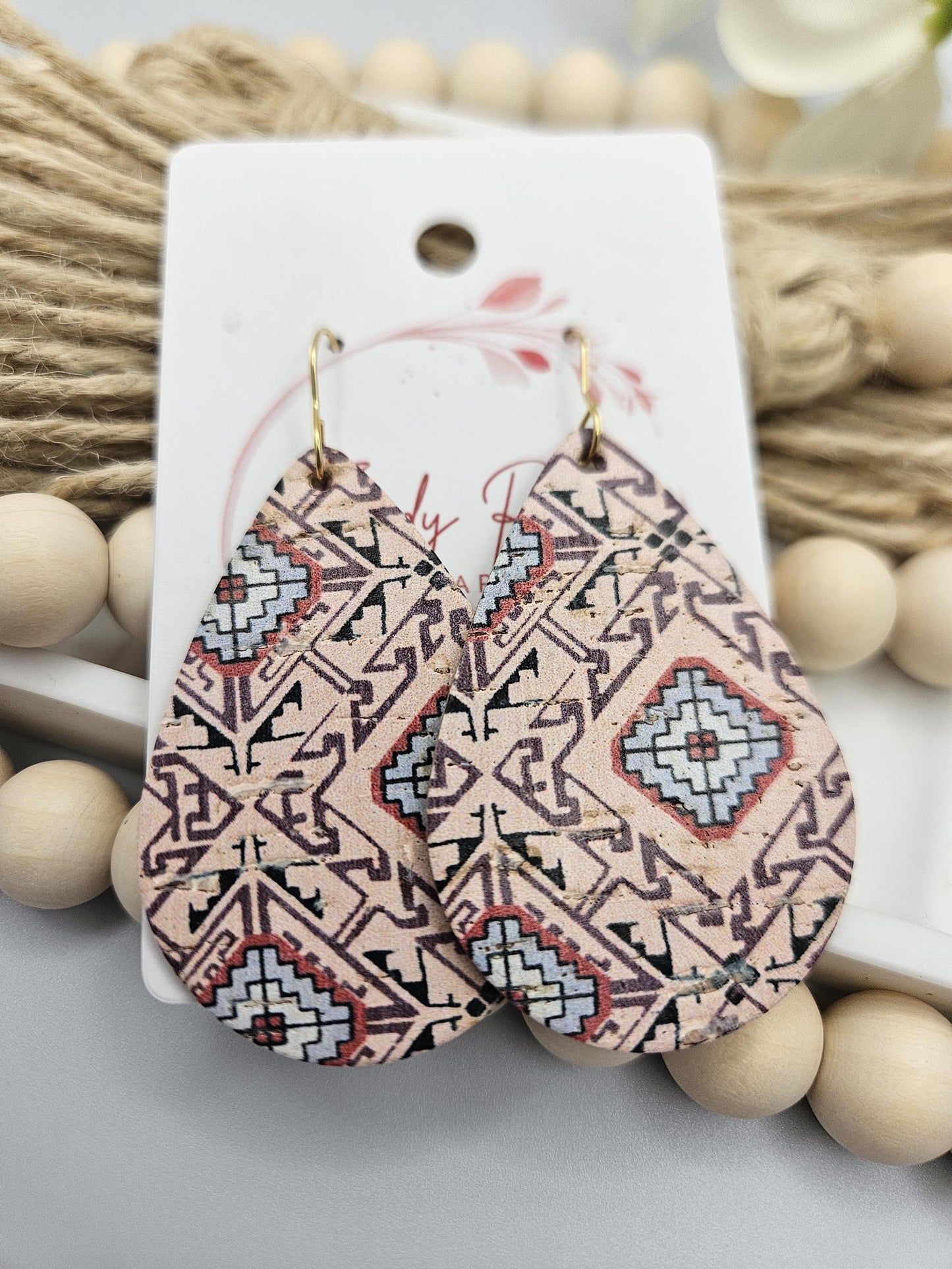 Large Pink Cork Teardrop Earrings Backed with Genuine Leather