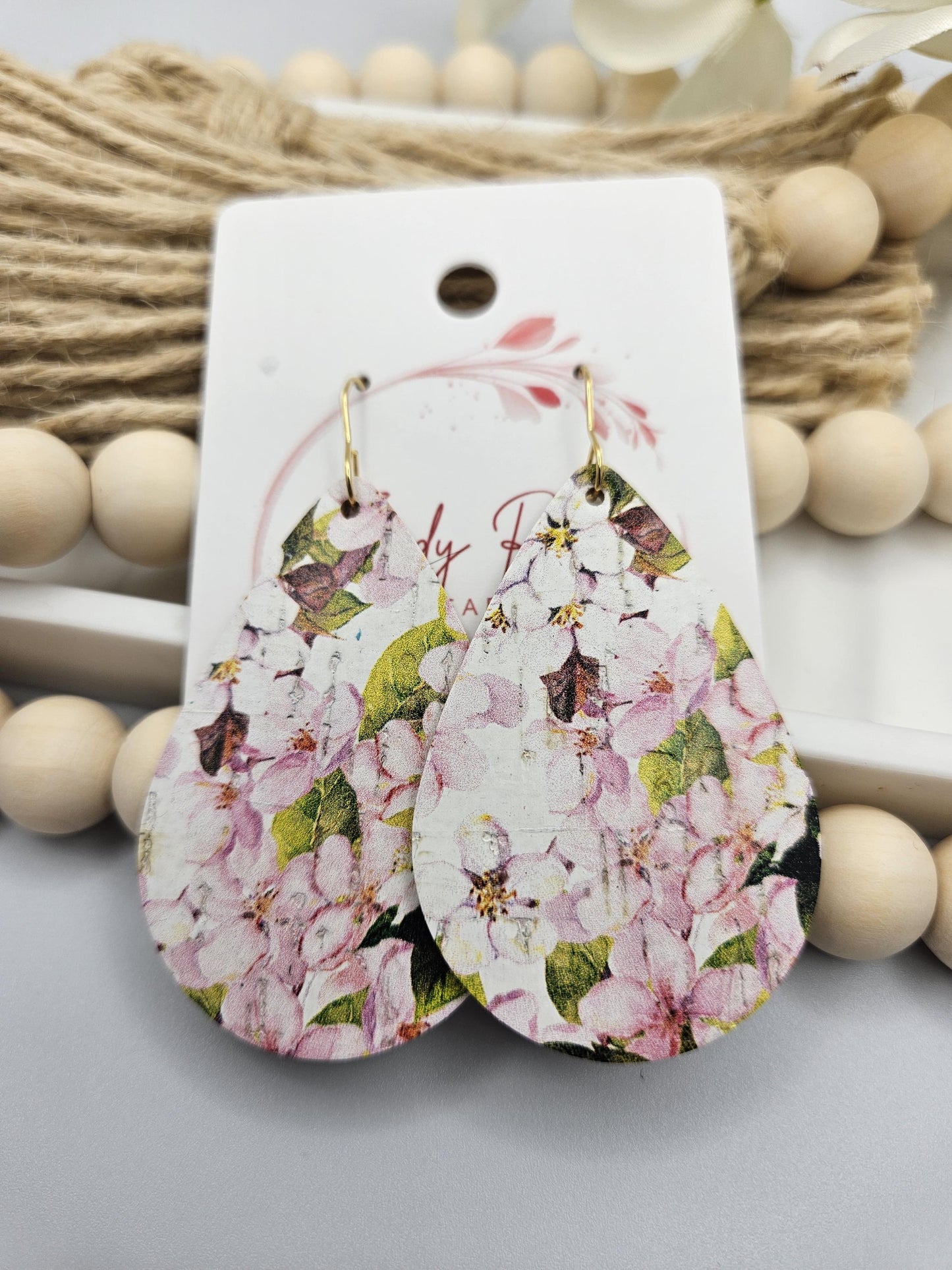 Large Cherry Blossom Cork Teardrop Earrings Backed with Genuine Leather