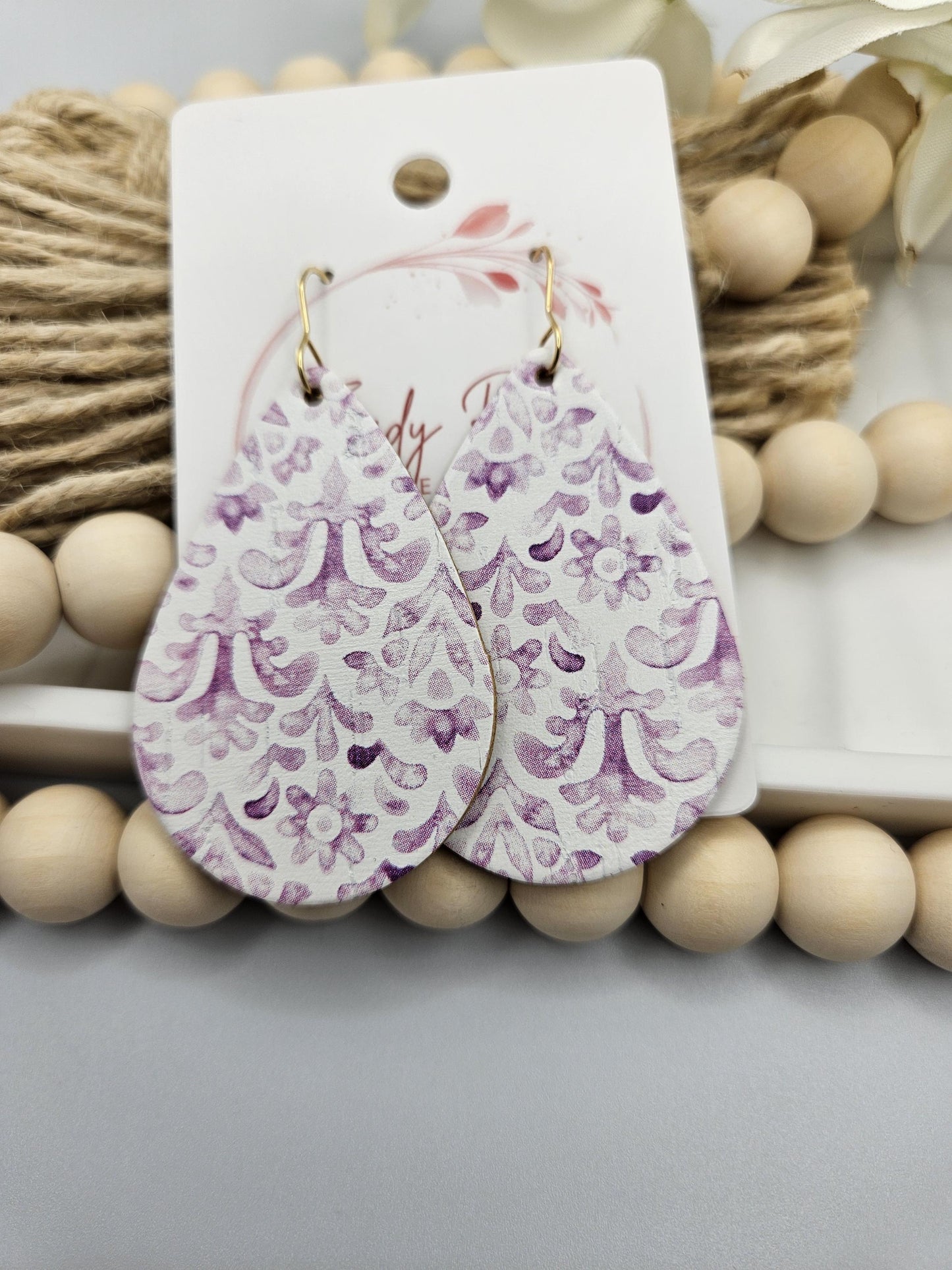 Large Purple Watercolor Print Cork Teardrop Earrings Backed with Genuine Leather