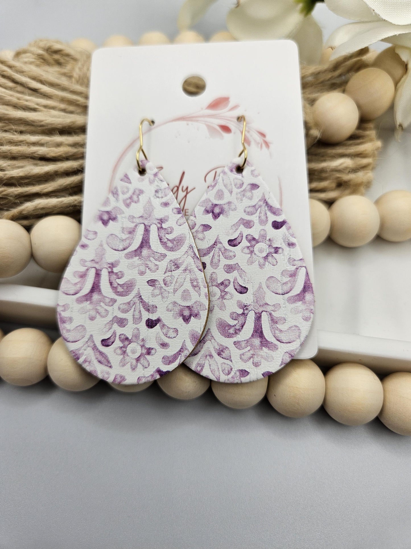 Large Purple Watercolor Print Cork Teardrop Earrings Backed with Genuine Leather