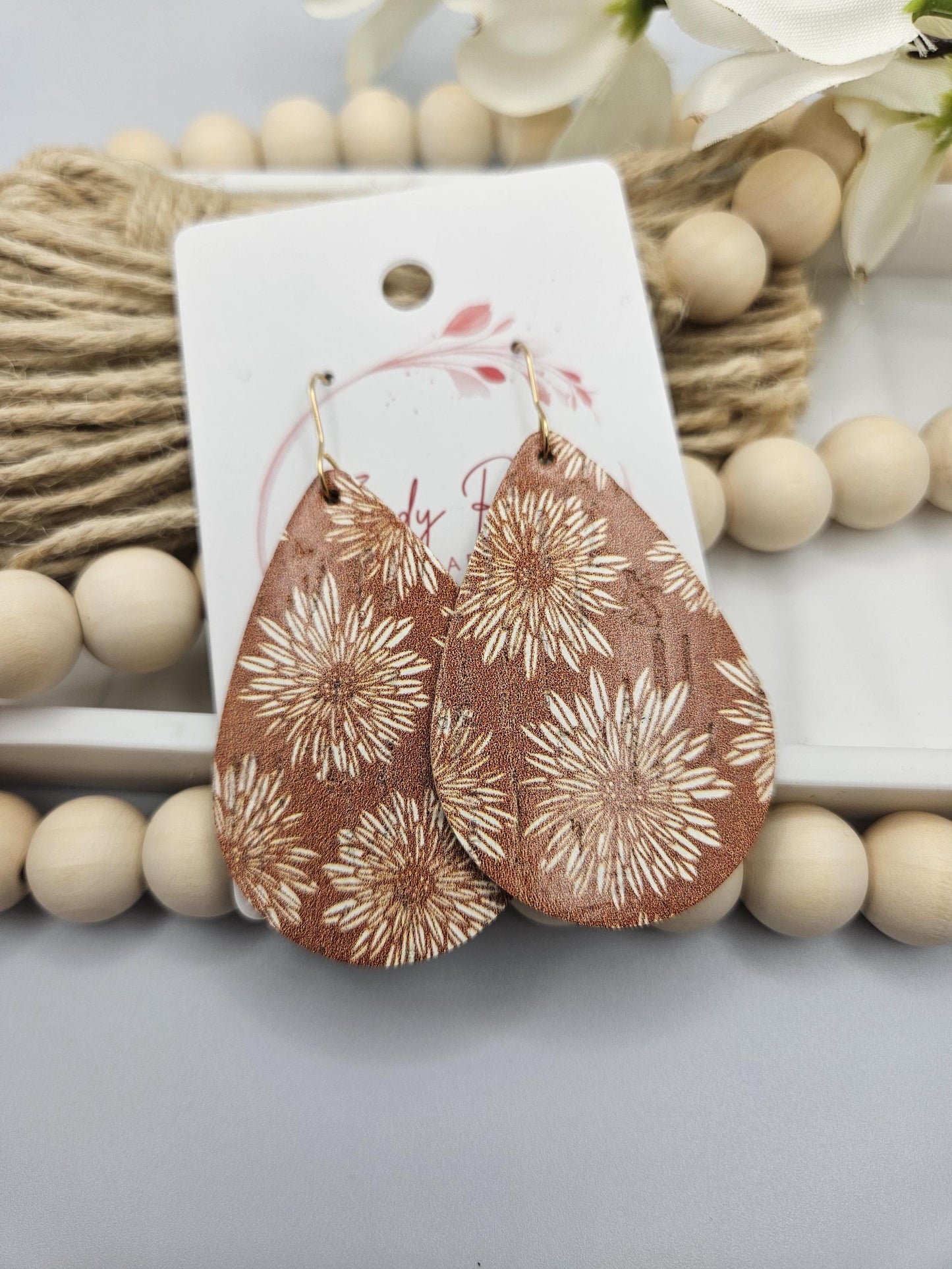 Large Fall Floral Cork Teardrop Earrings Backed with Genuine Leather