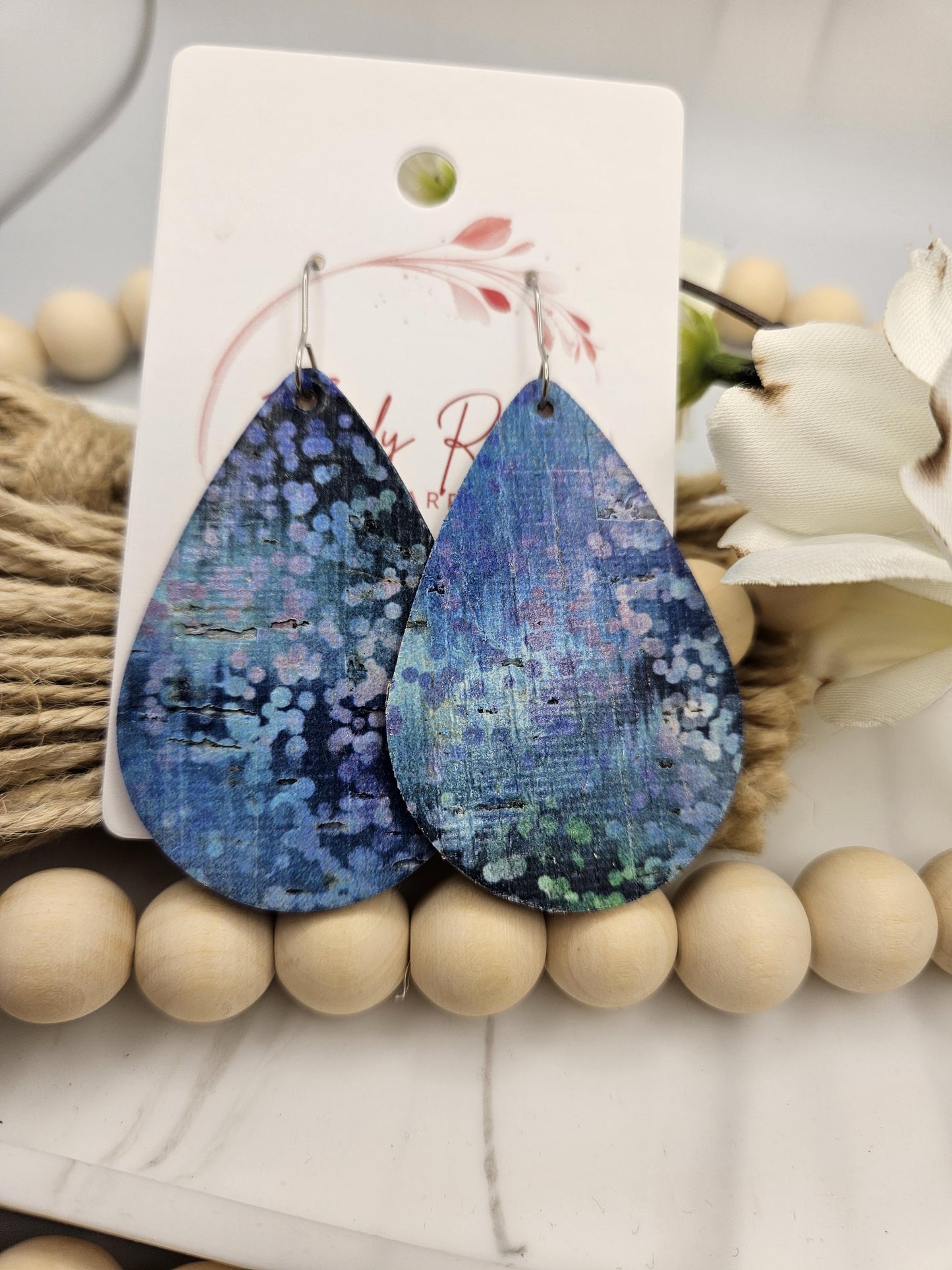 Large Blue Spotted Cork Teardrop Earrings Backed with Genuine Leather