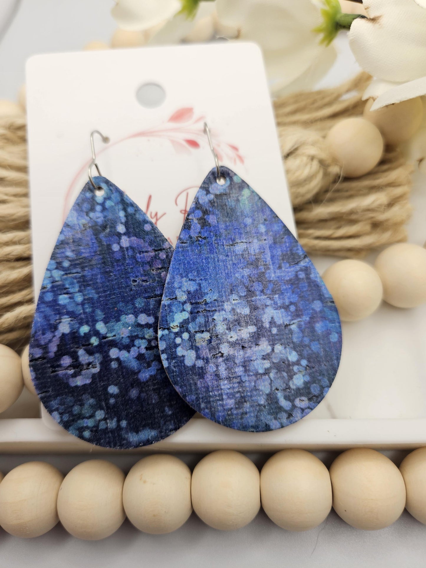 Large Blue Spotted Cork Teardrop Earrings Backed with Genuine Leather