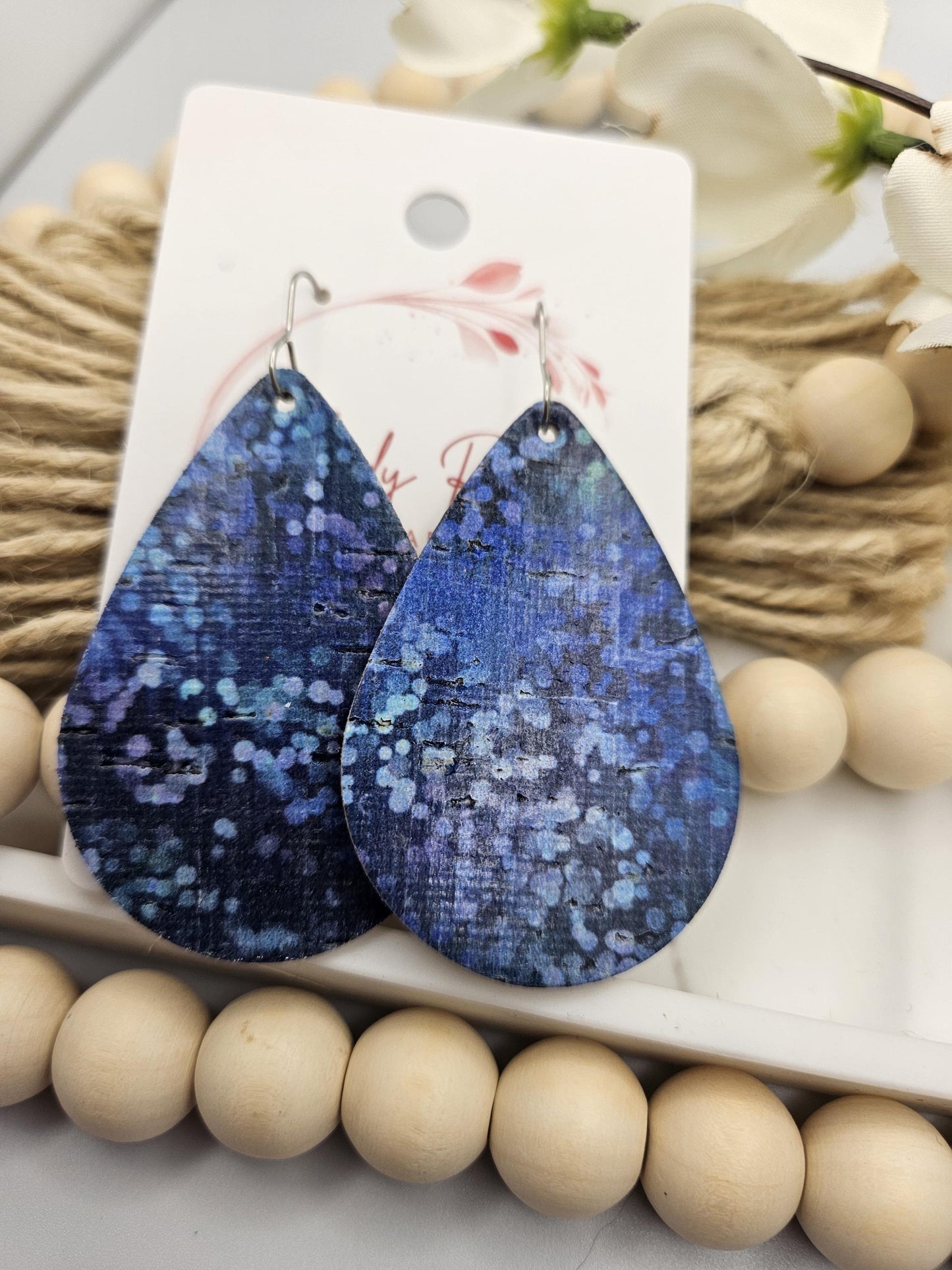 Large Blue Spotted Cork Teardrop Earrings Backed with Genuine Leather