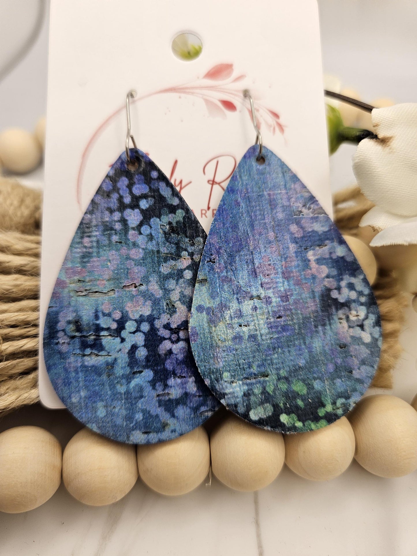 Large Blue Spotted Cork Teardrop Earrings Backed with Genuine Leather