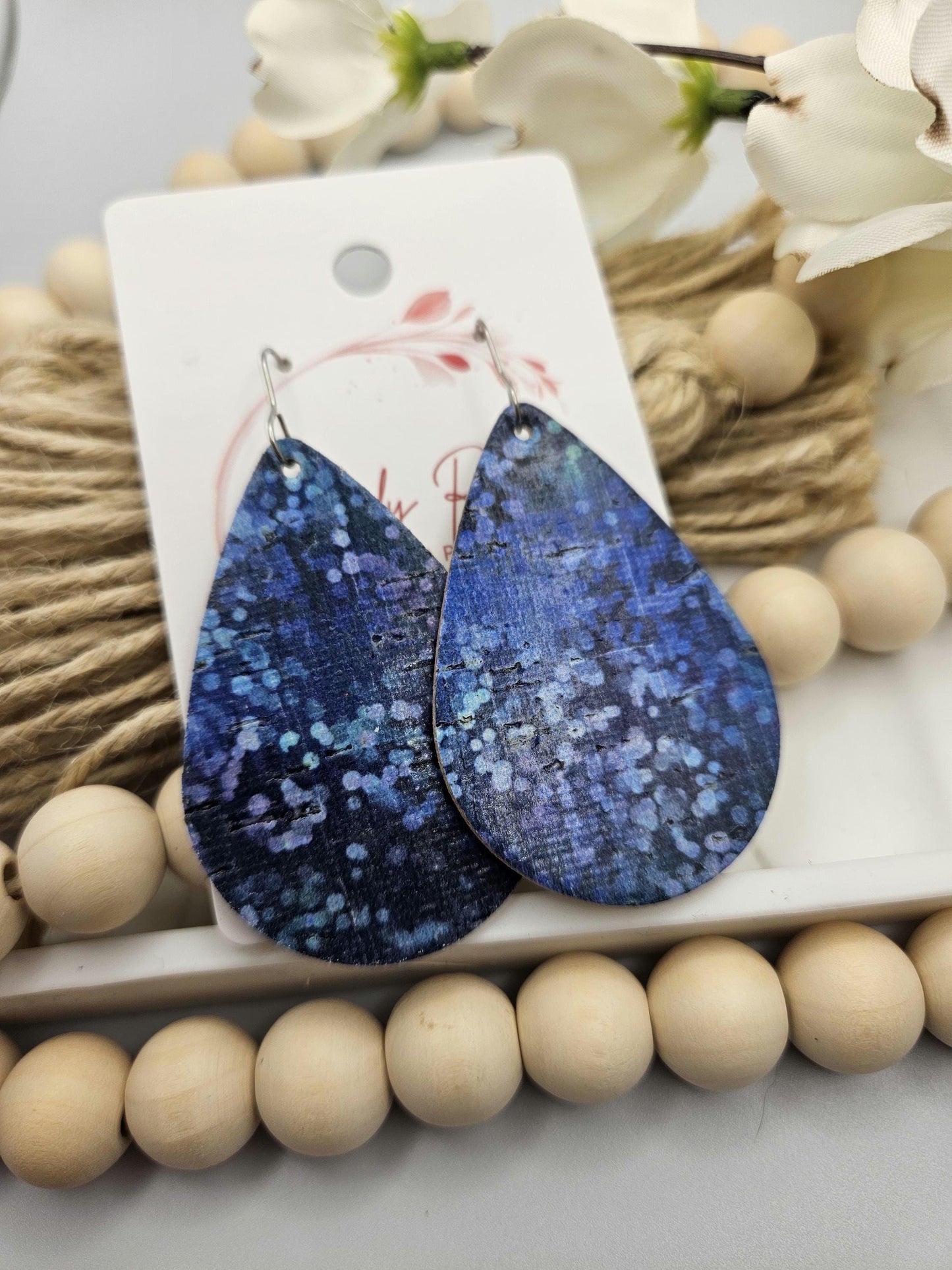 Large Blue Spotted Cork Teardrop Earrings Backed with Genuine Leather