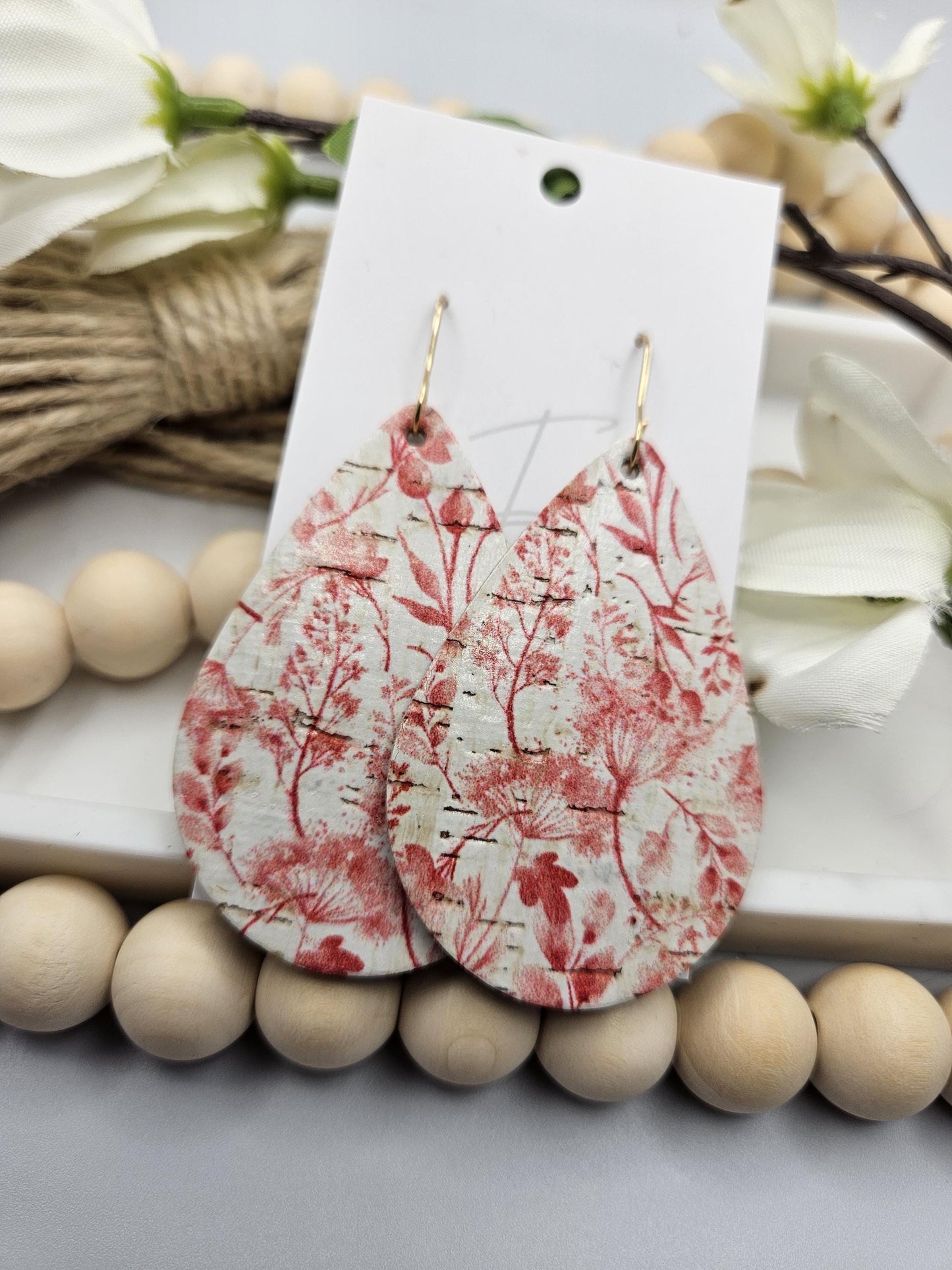 Large Pink Floral Cork Teardrop Earrings Backed with Genuine Leather