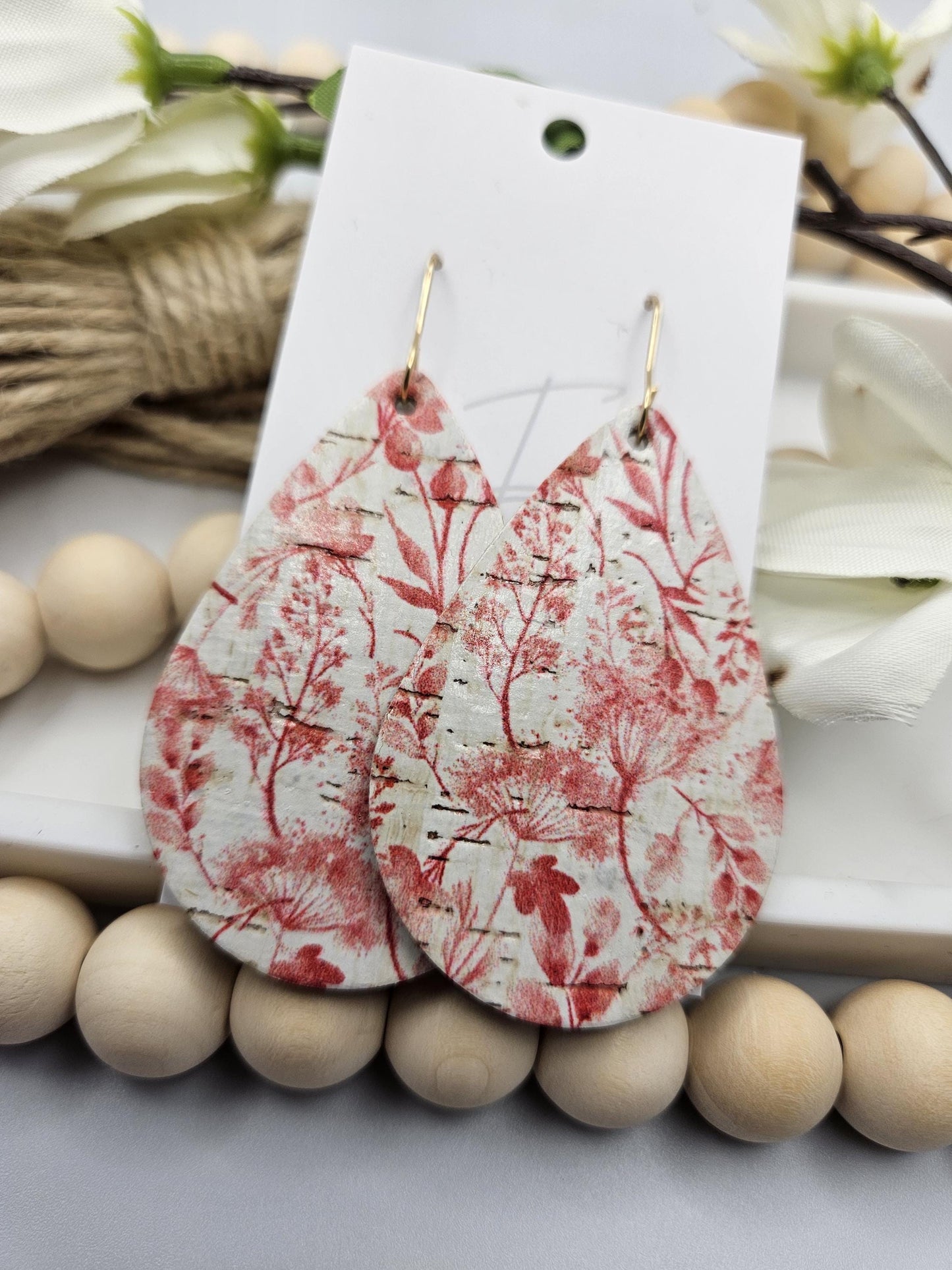 Large Pink Floral Cork Teardrop Earrings Backed with Genuine Leather