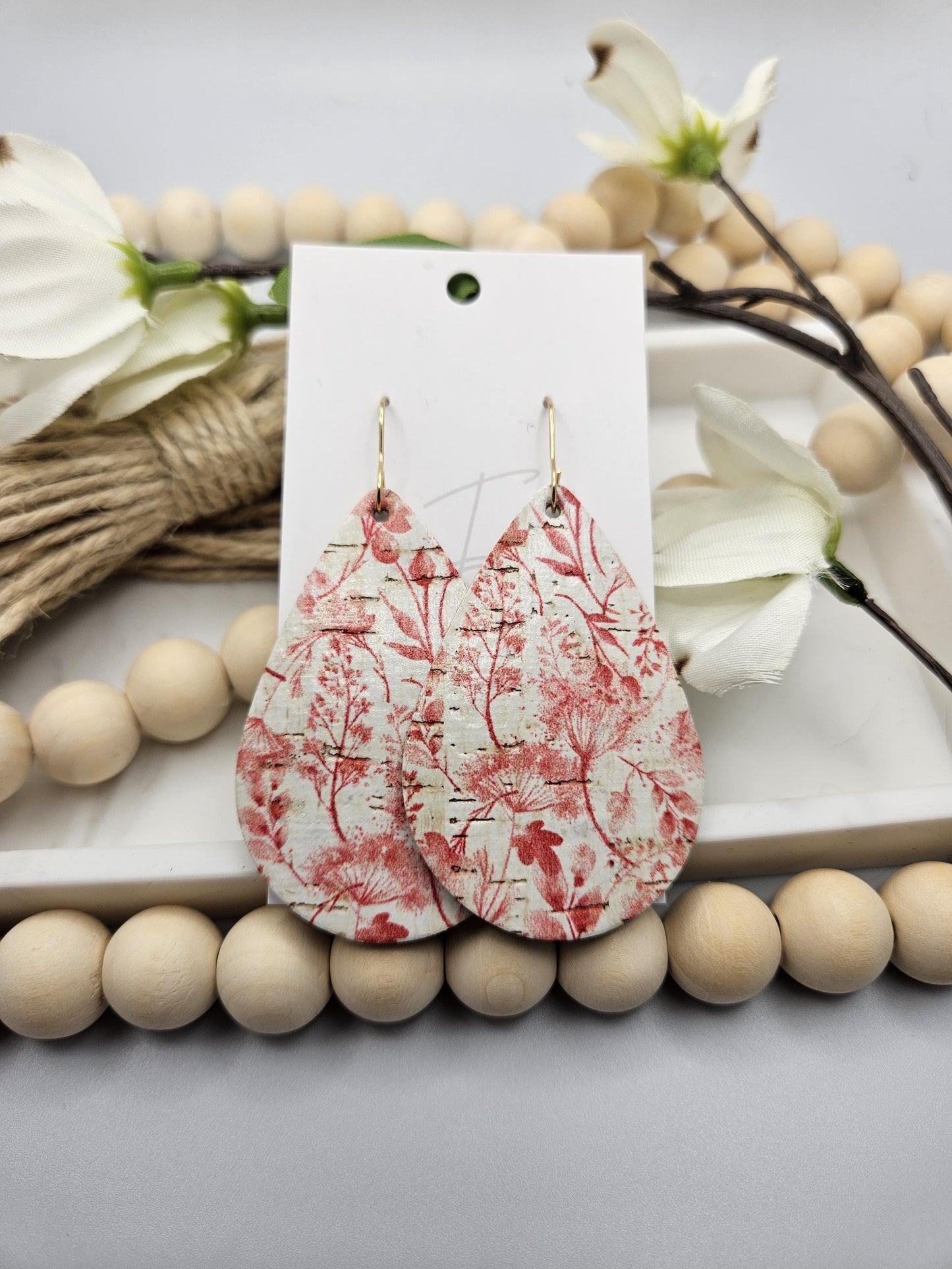 Large Pink Floral Cork Teardrop Earrings Backed with Genuine Leather