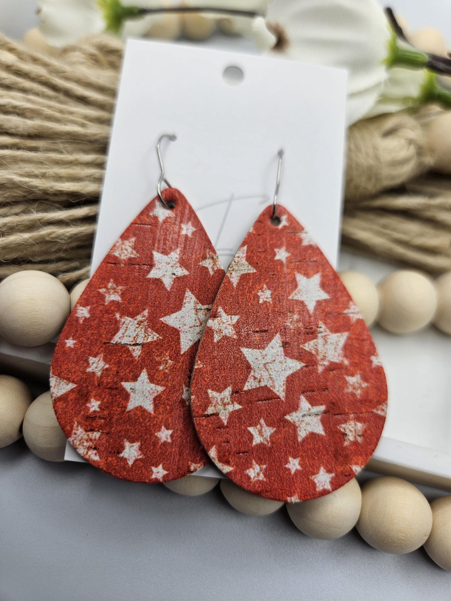 Large Red Starry Cork Teardrop Earrings Backed with Genuine Leather