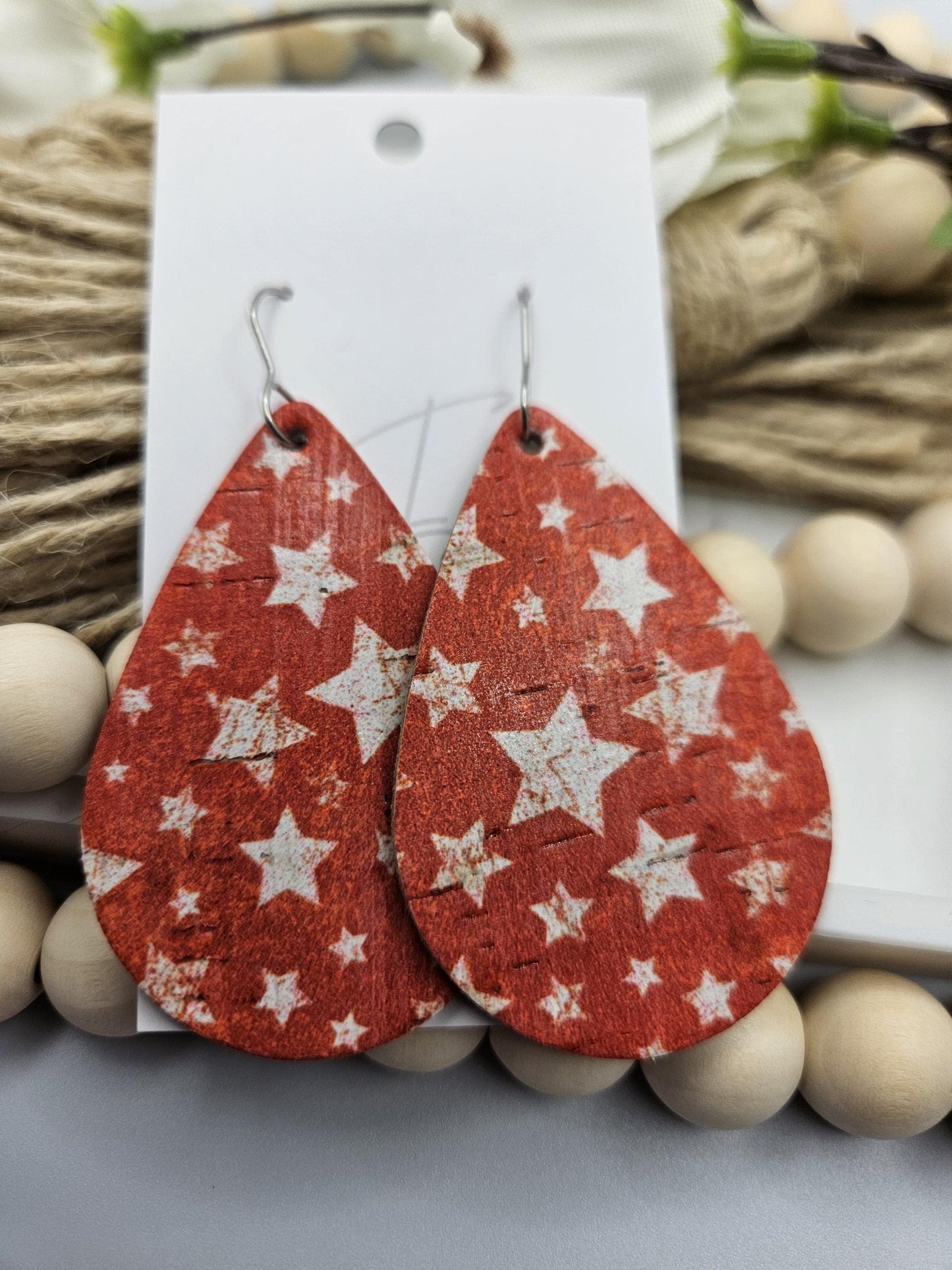 Large Red Starry Cork Teardrop Earrings Backed with Genuine Leather