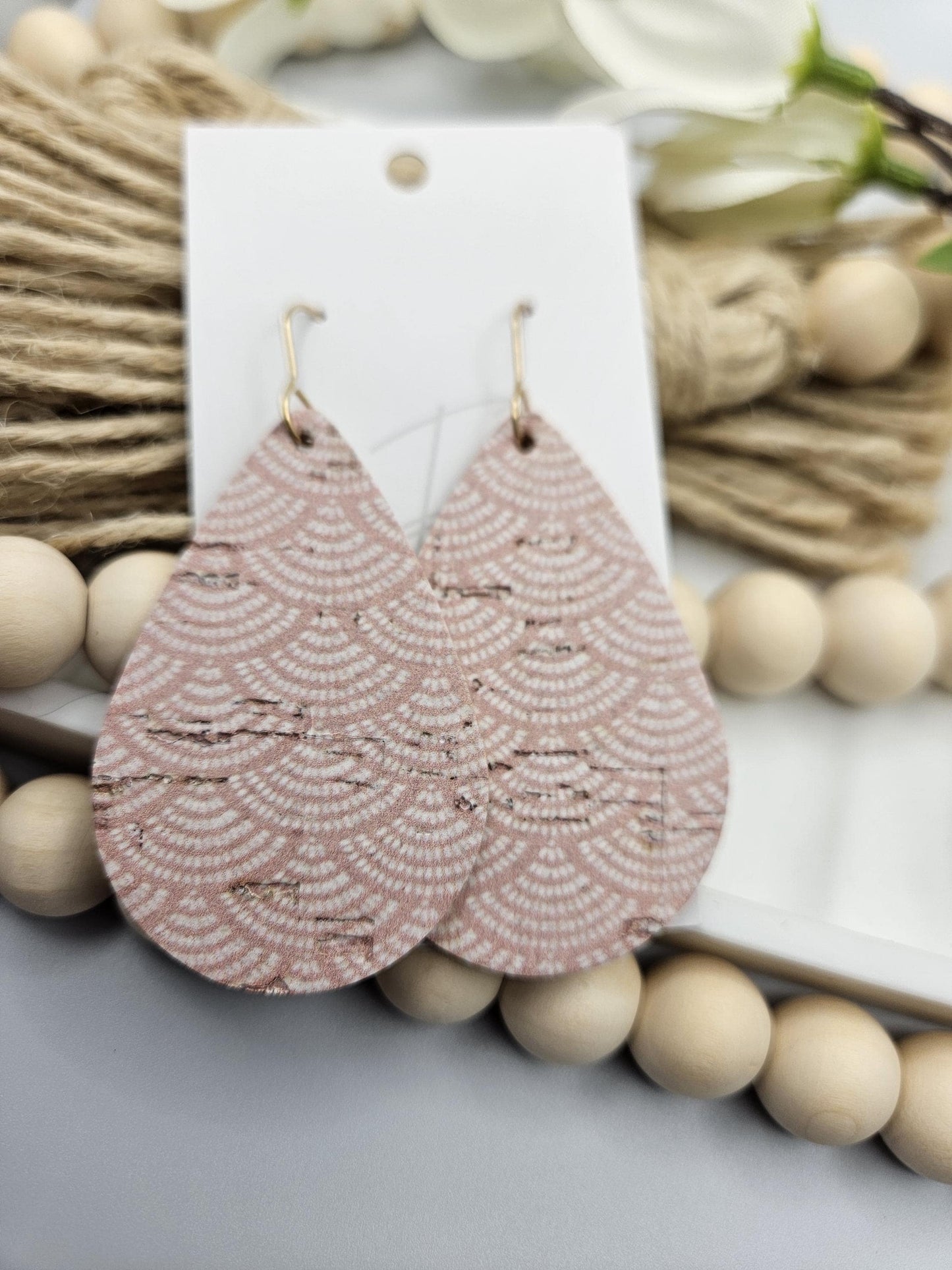 Large Pale Pink Cork Teardrop Earrings Backed with Genuine Leather