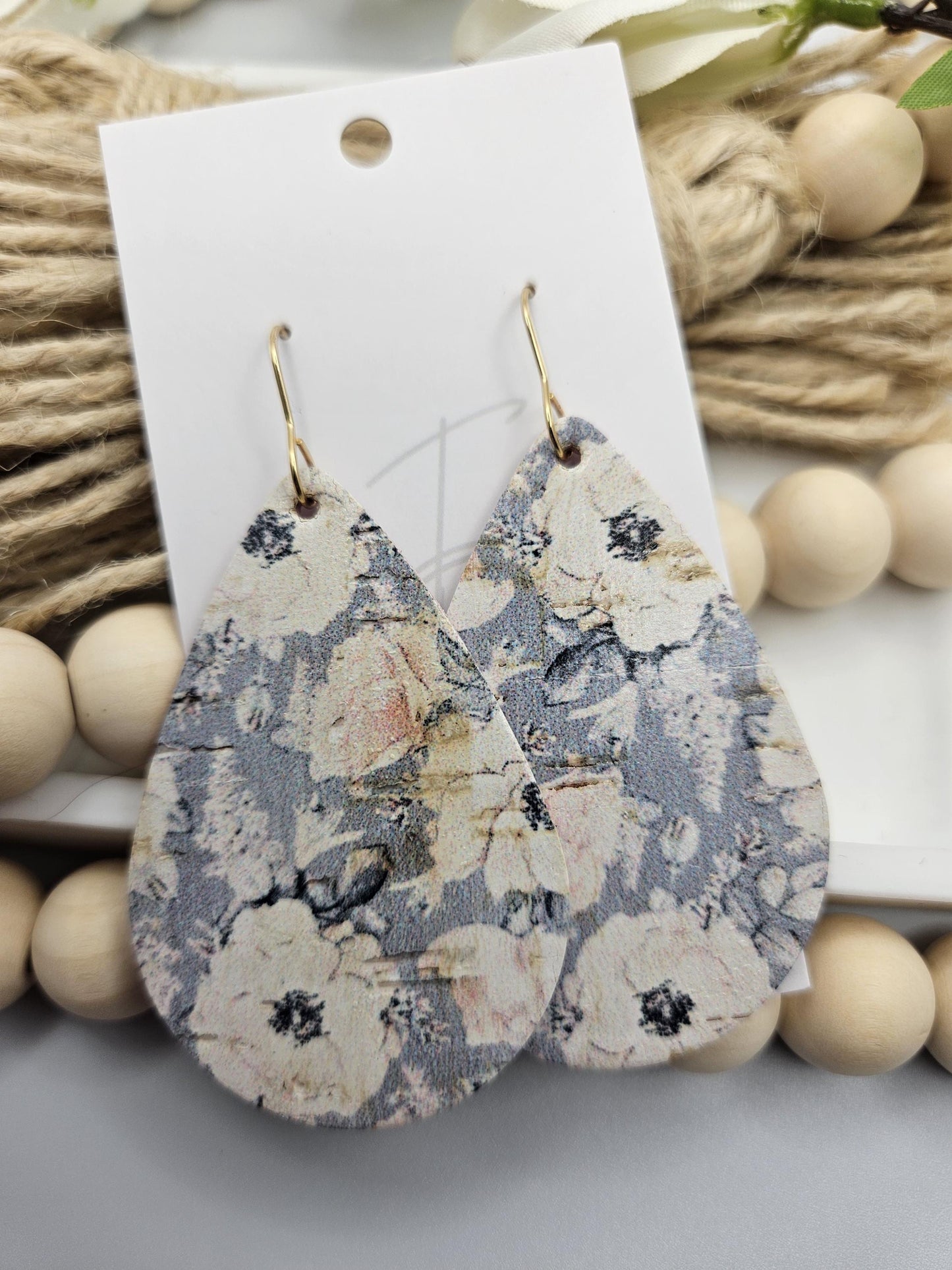 Large Pale Blue Floral Cork Teardrop Earrings Backed with Genuine Leather