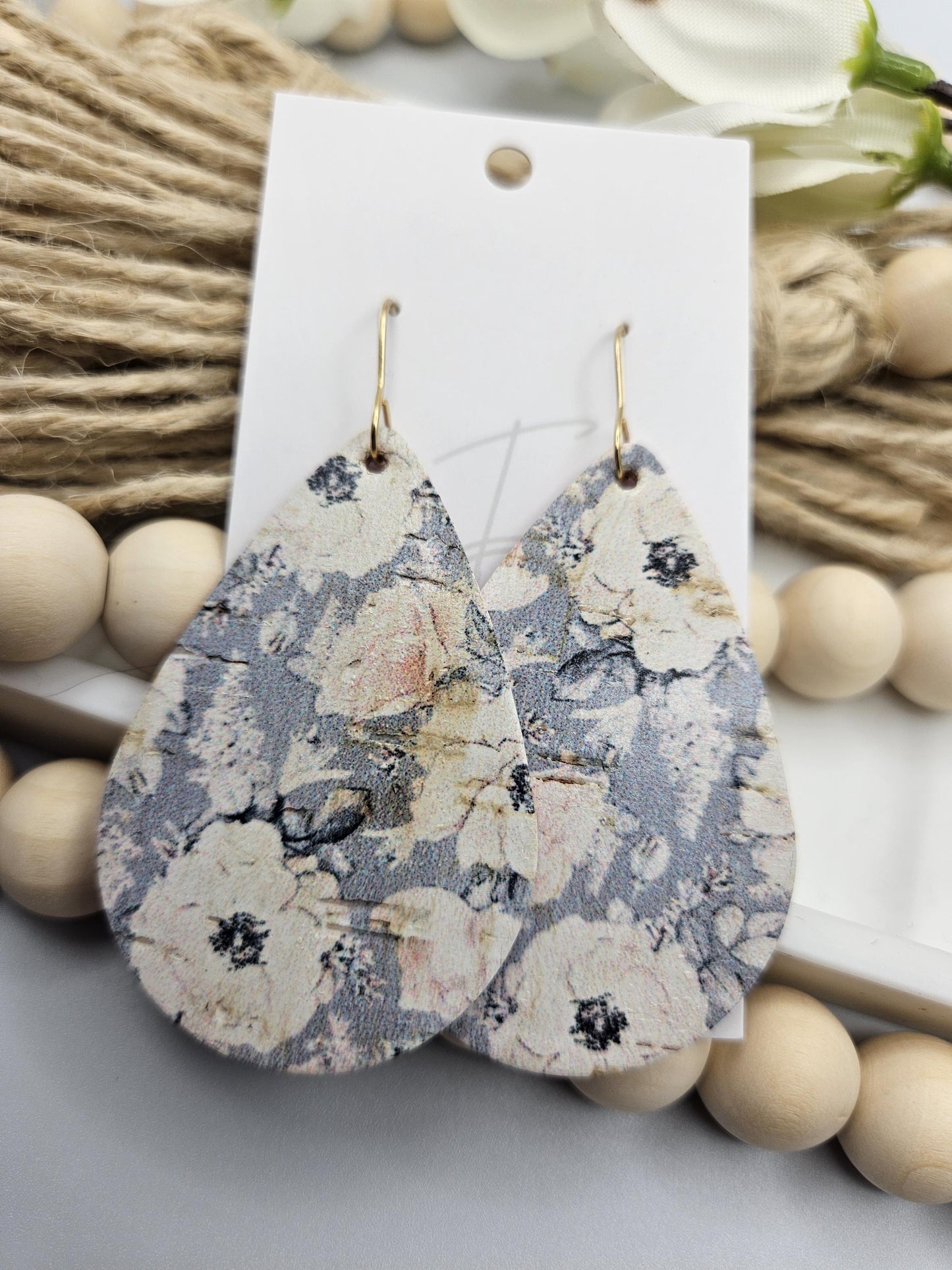 Large Pale Blue Floral Cork Teardrop Earrings Backed with Genuine Leather