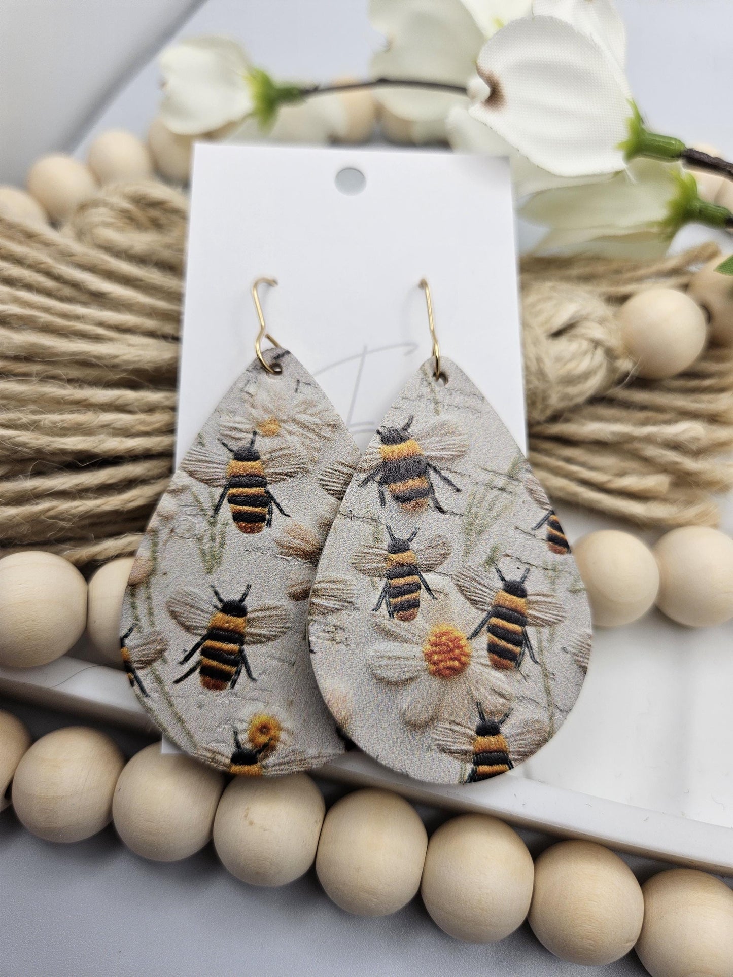 Large Bee Cork Teardrop Earrings Backed with Genuine Leather