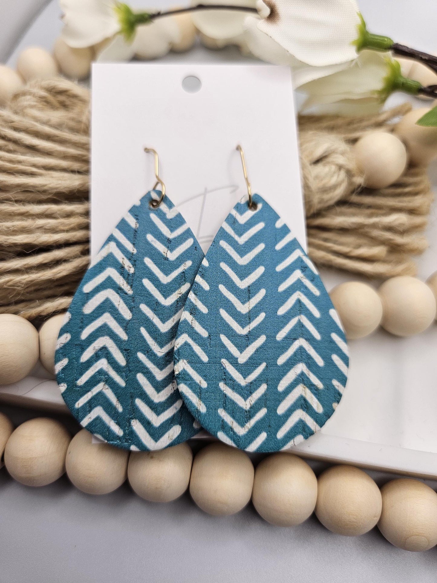 Large Teal Broken Chevron Cork Teardrop Earrings Backed with Genuine Leather