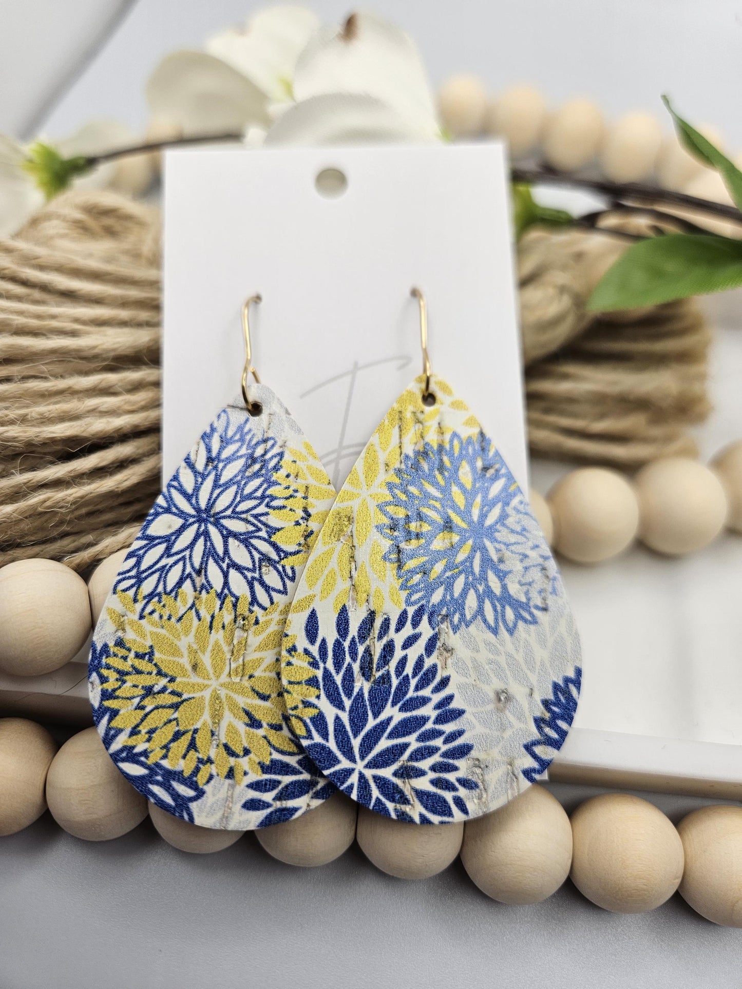 Large Yellow & Blue Floral Cork Teardrop Earrings Backed with Genuine Leather