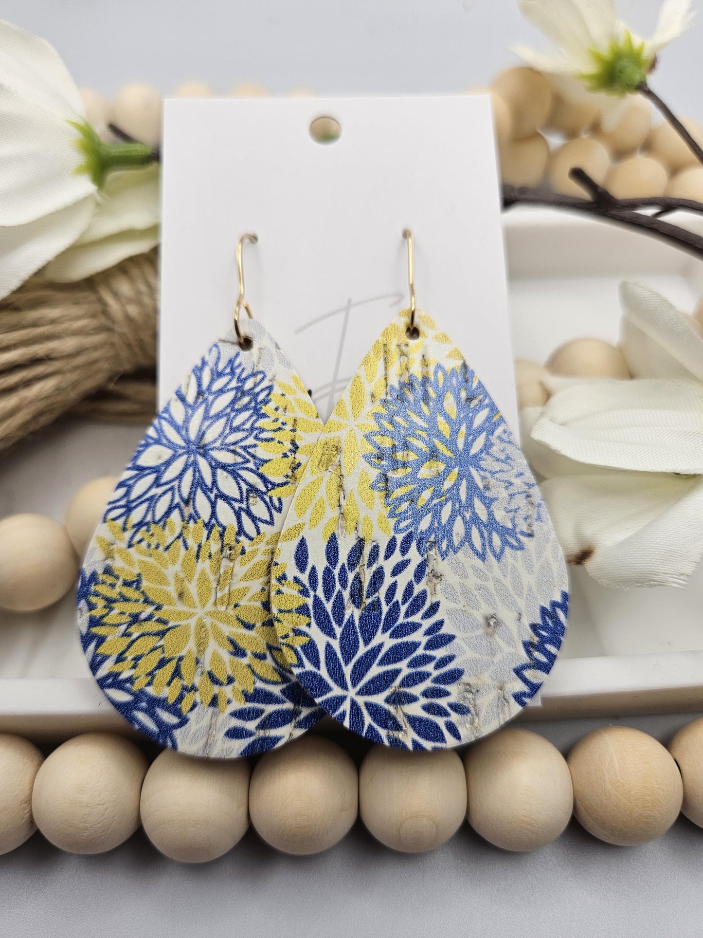 Large Yellow & Blue Floral Cork Teardrop Earrings Backed with Genuine Leather