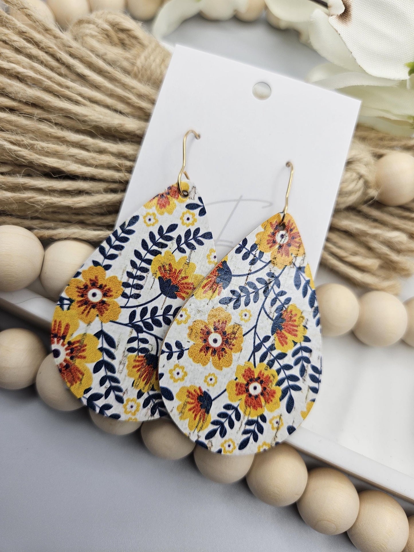 Large Yellow & Navy Floral Cork Teardrop Earrings Backed with Genuine Leather