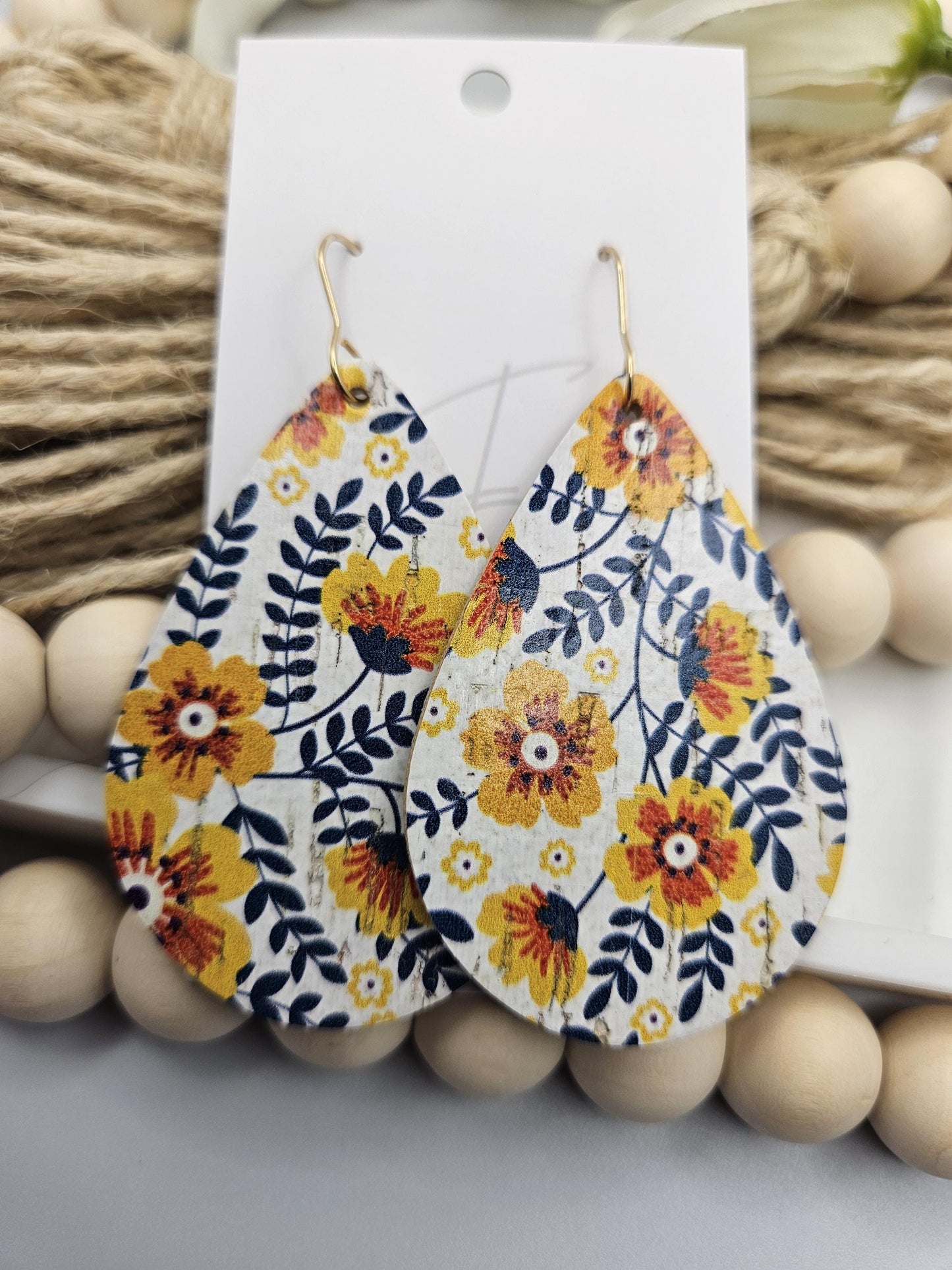 Large Yellow & Navy Floral Cork Teardrop Earrings Backed with Genuine Leather