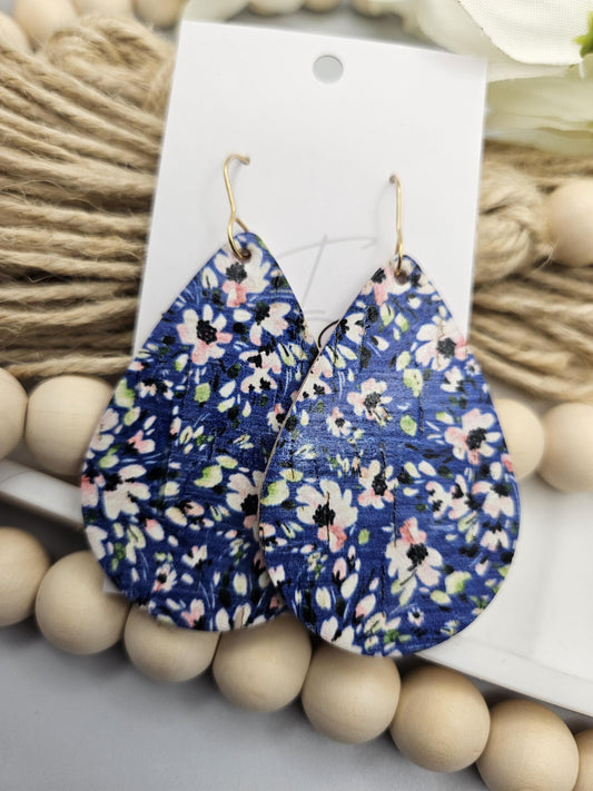 Large Blue Floral Cork Teardrop Earrings Backed with Genuine Leather