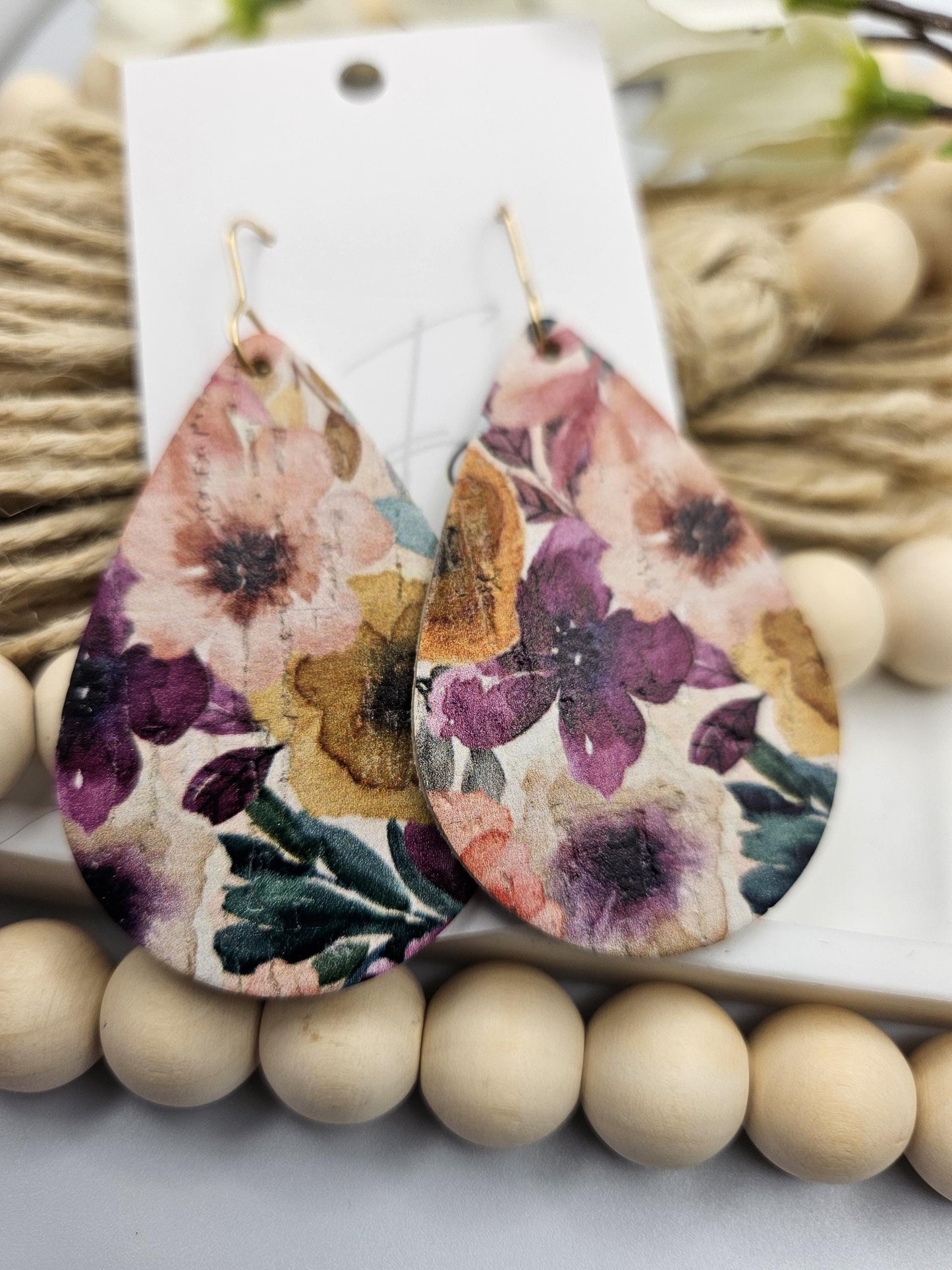 Large Floral Cork Teardrop Earrings backed with Genuine Leather