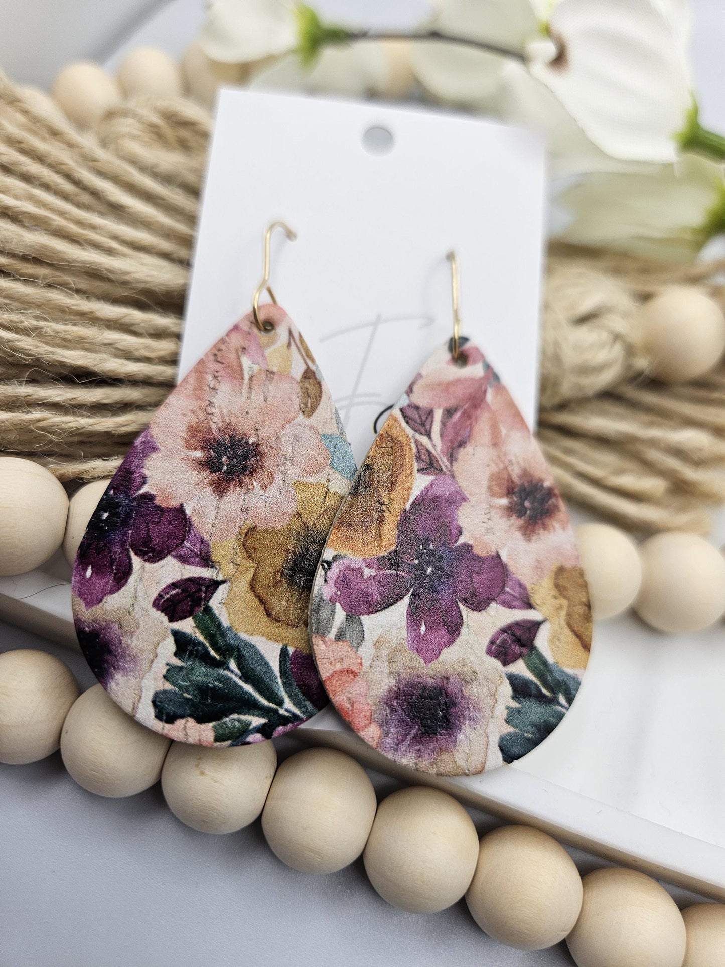 Large Floral Cork Teardrop Earrings backed with Genuine Leather