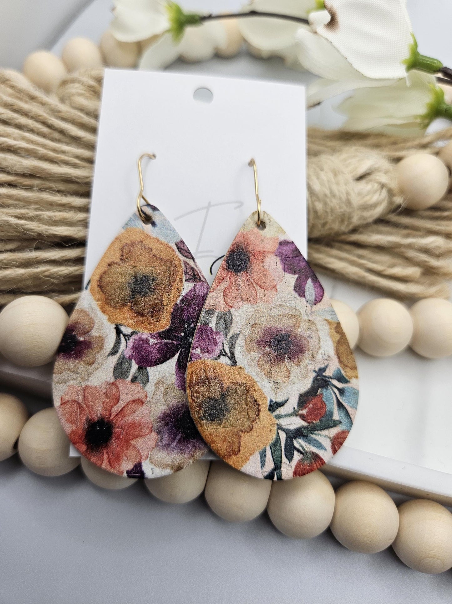 Large Floral Cork Teardrop Earrings backed with Genuine Leather