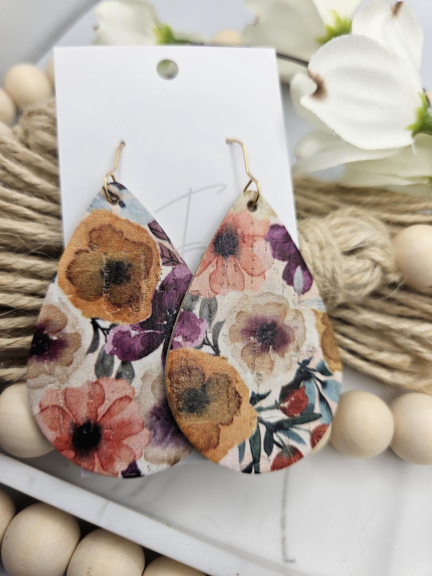 Large Floral Cork Teardrop Earrings backed with Genuine Leather