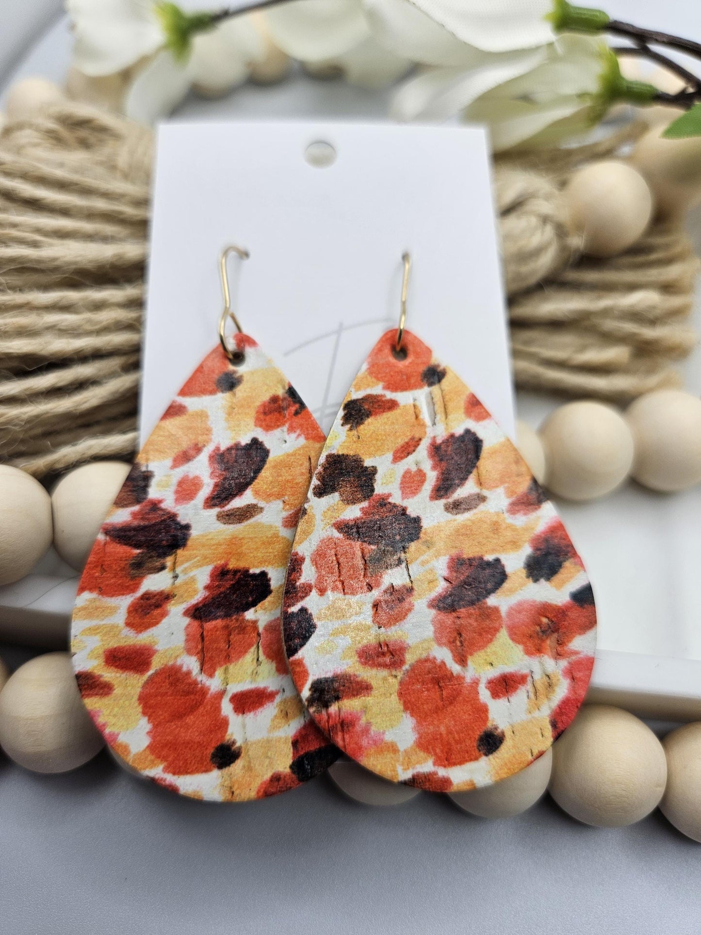 Large Fall Colored Cork Teardrop Earrings backed with Genuine Leather