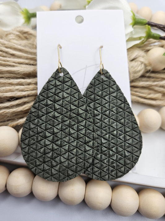 Olive Green Textured Leather Teardrop Earrings