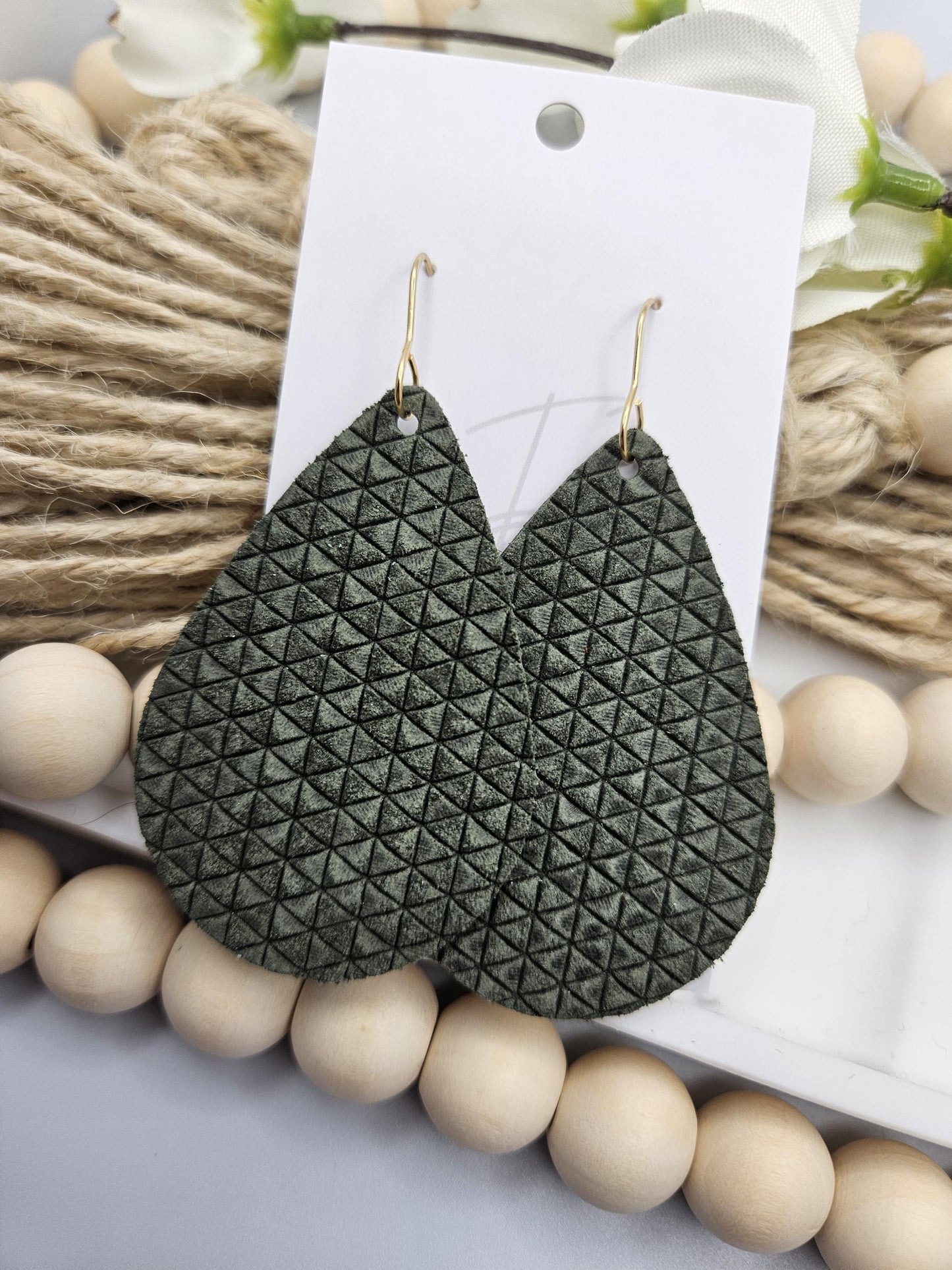 Olive Green Textured Leather Teardrop Earrings