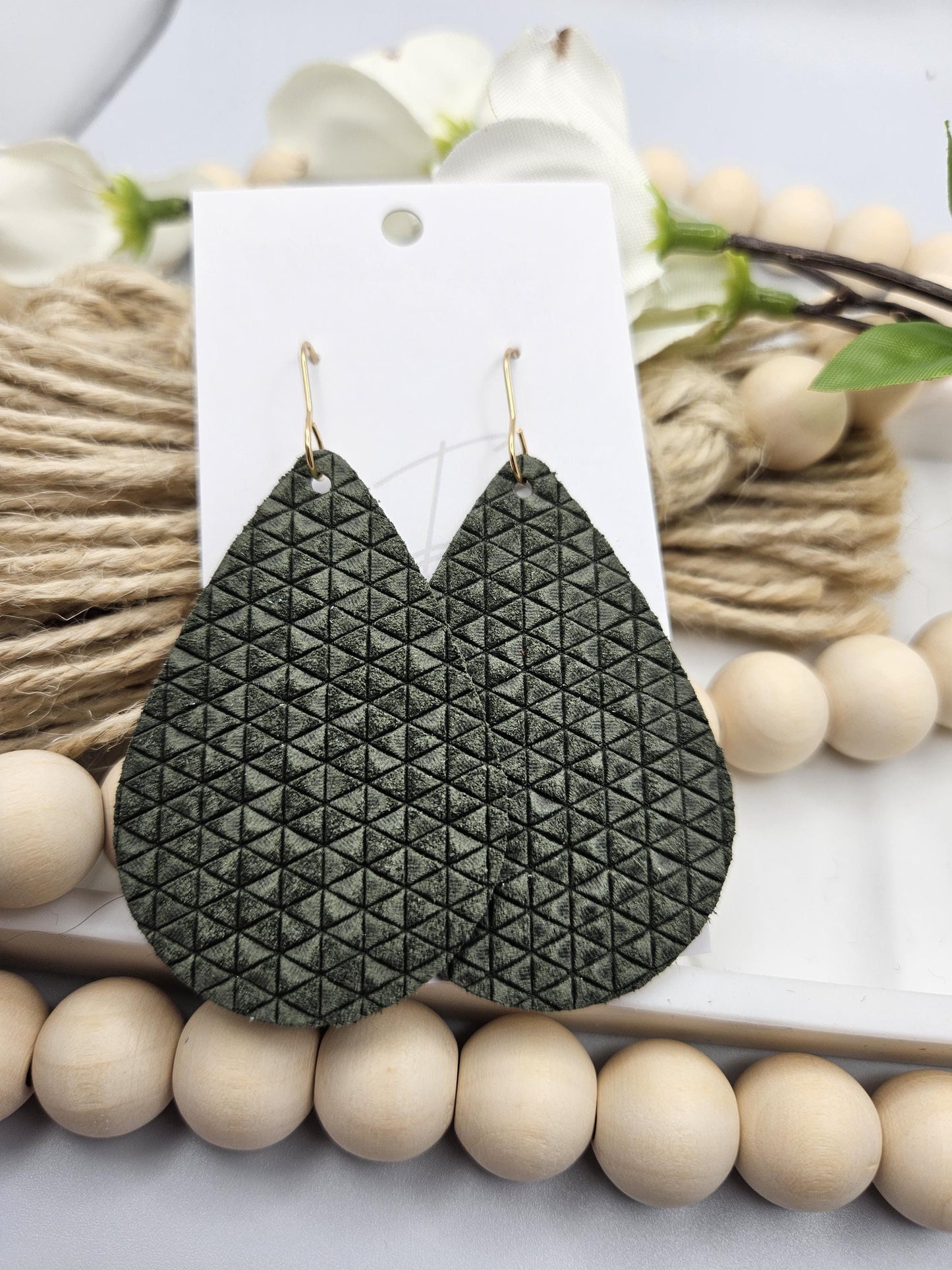 Olive Green Textured Leather Teardrop Earrings