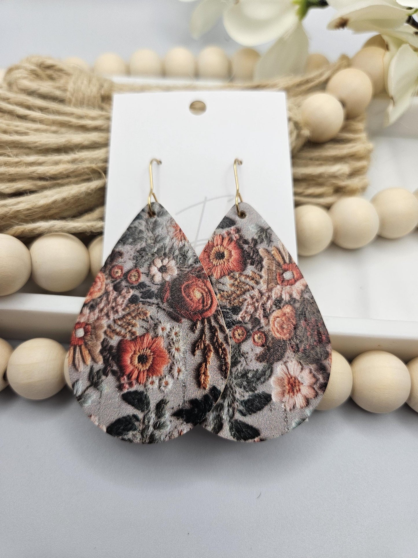 Large Floral Cork Teardrop Earrings Backed with Genuine Leather