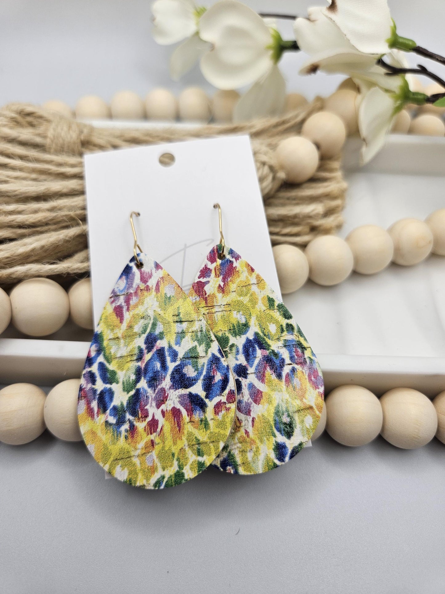 Large Multicolor Leopard Cork Backed with Genuine Leather Teardrop Earrings