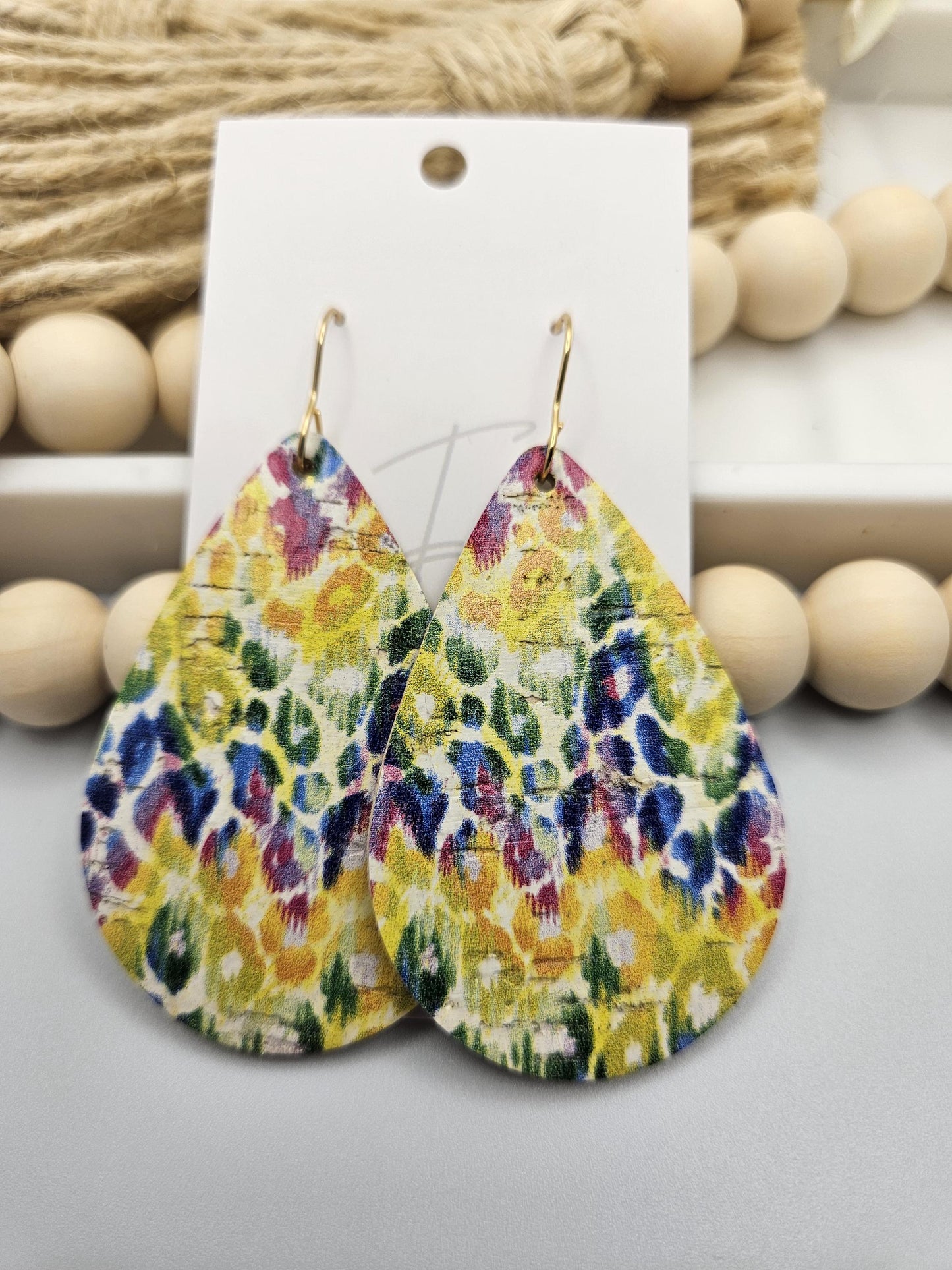 Large Multicolor Leopard Cork Backed with Genuine Leather Teardrop Earrings