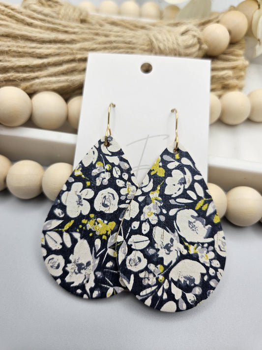 Large Navy Floral Cork Teardrop Earrings Backed with Genuine Leather