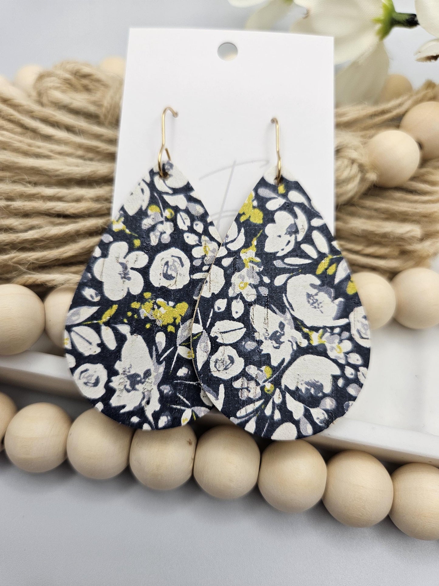 Large Navy Floral Cork Teardrop Earrings Backed with Genuine Leather