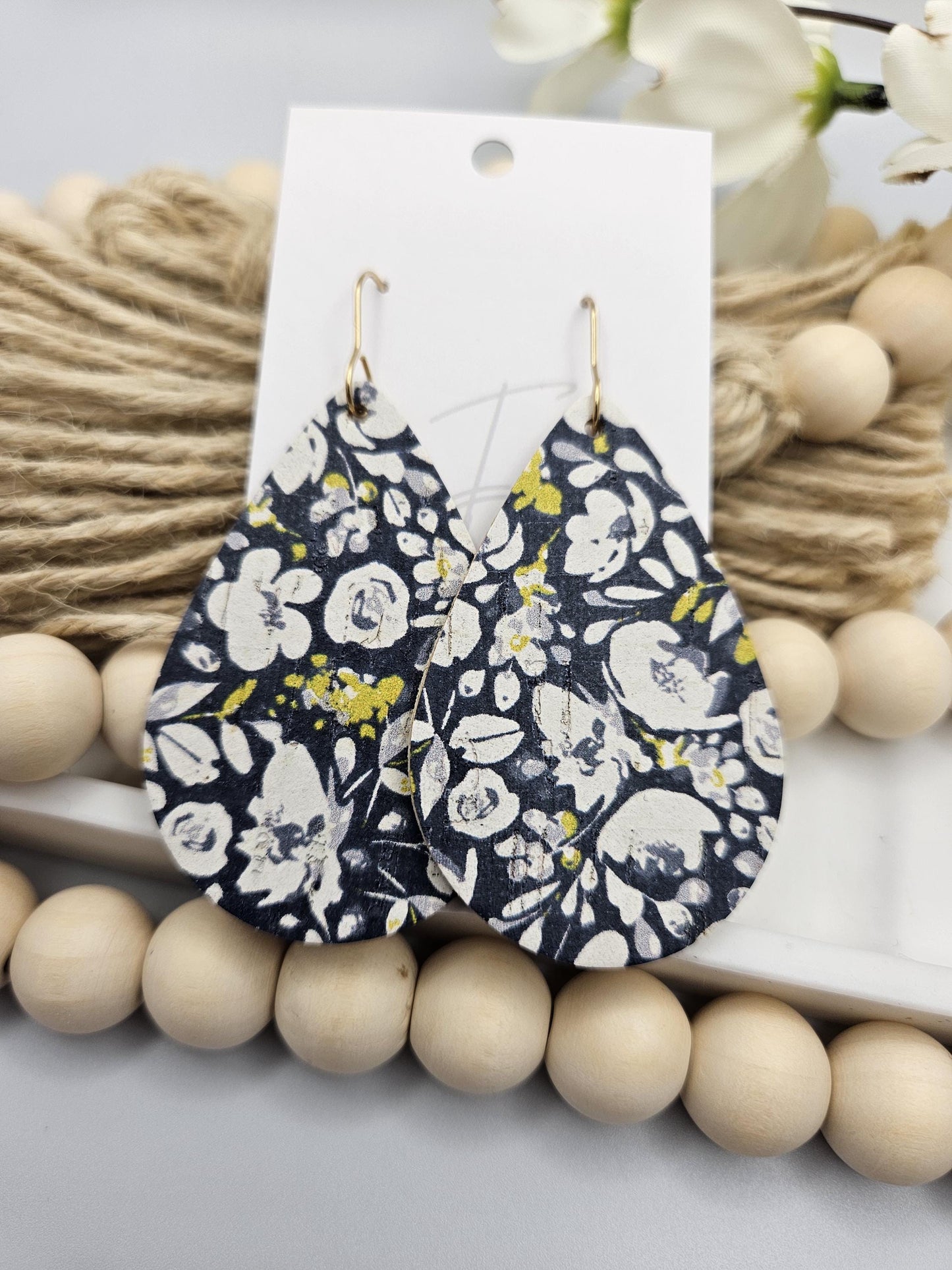 Large Navy Floral Cork Teardrop Earrings Backed with Genuine Leather