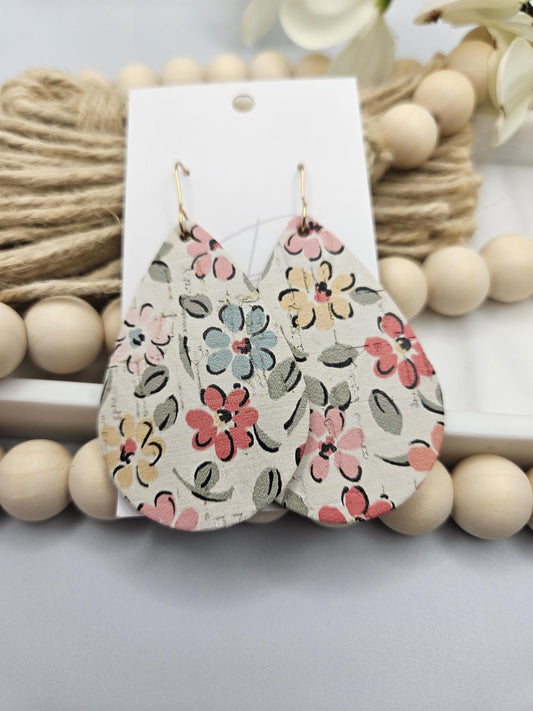 Large Pastel Floral Cork Teardrop Earrings Backed with Genuine Leather