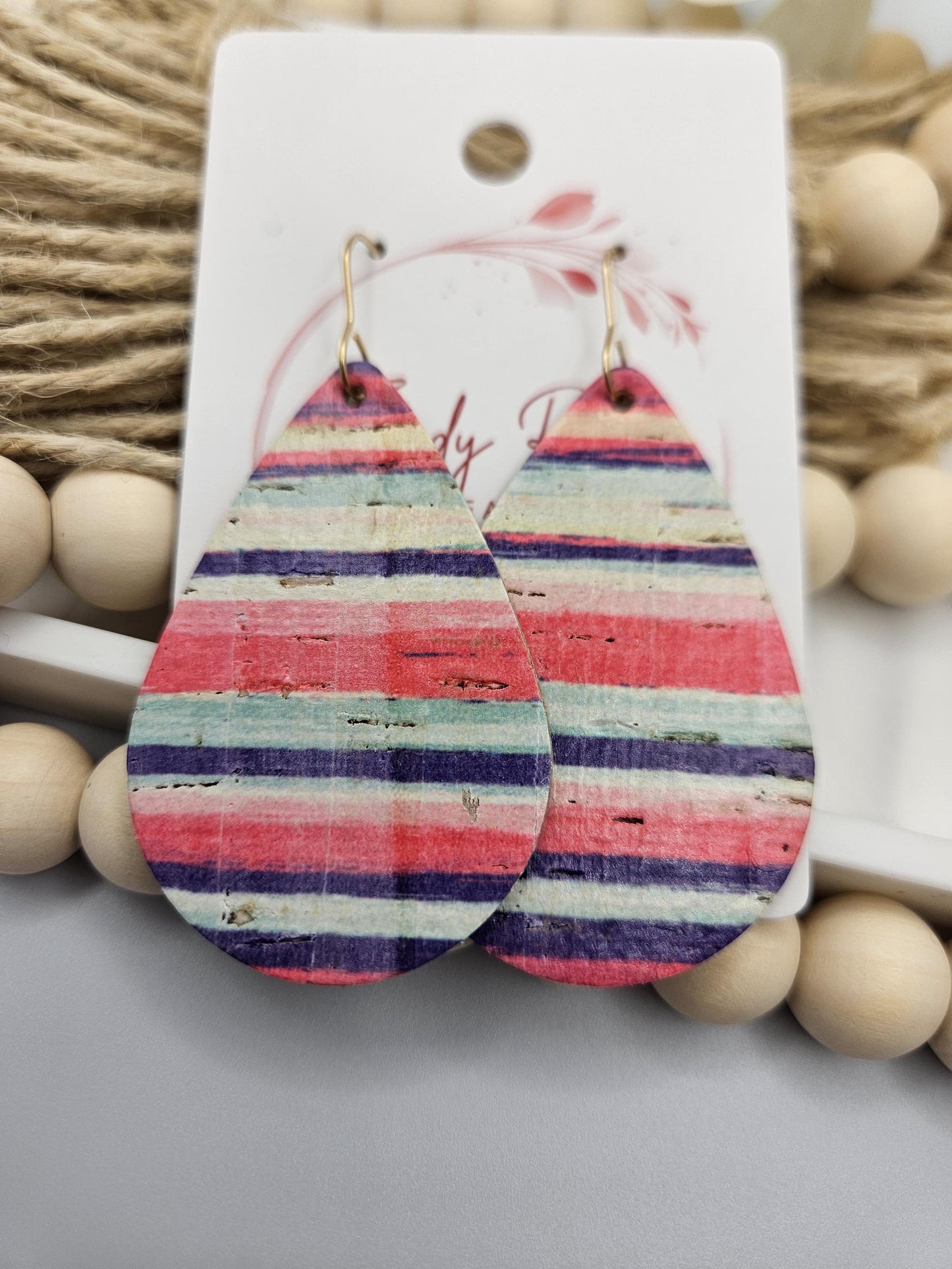 Large Striped Cork Teardrop Earrings Backed with Genuine Leather