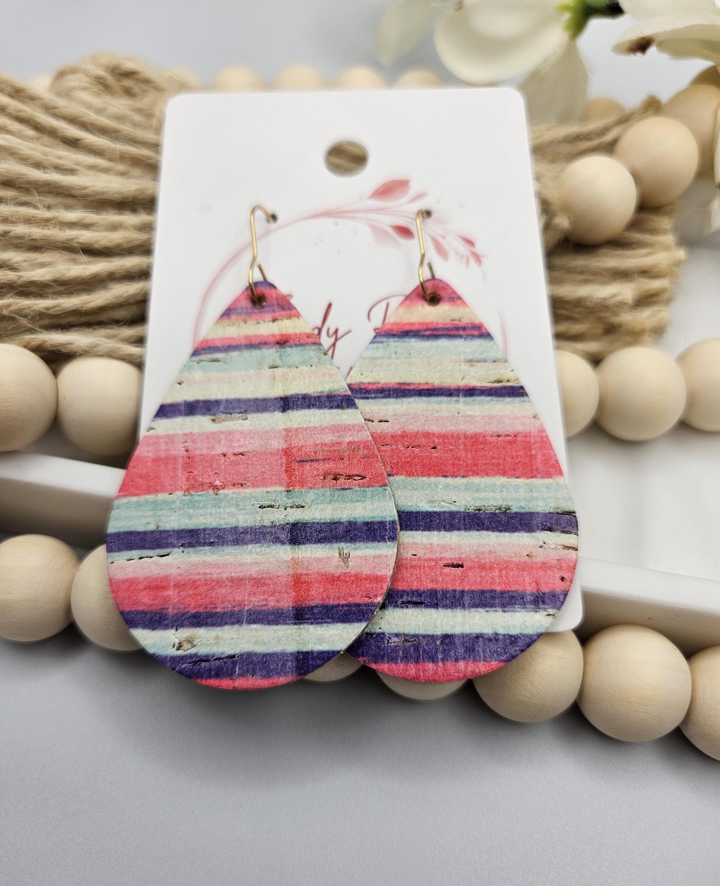 Large Striped Cork Teardrop Earrings Backed with Genuine Leather