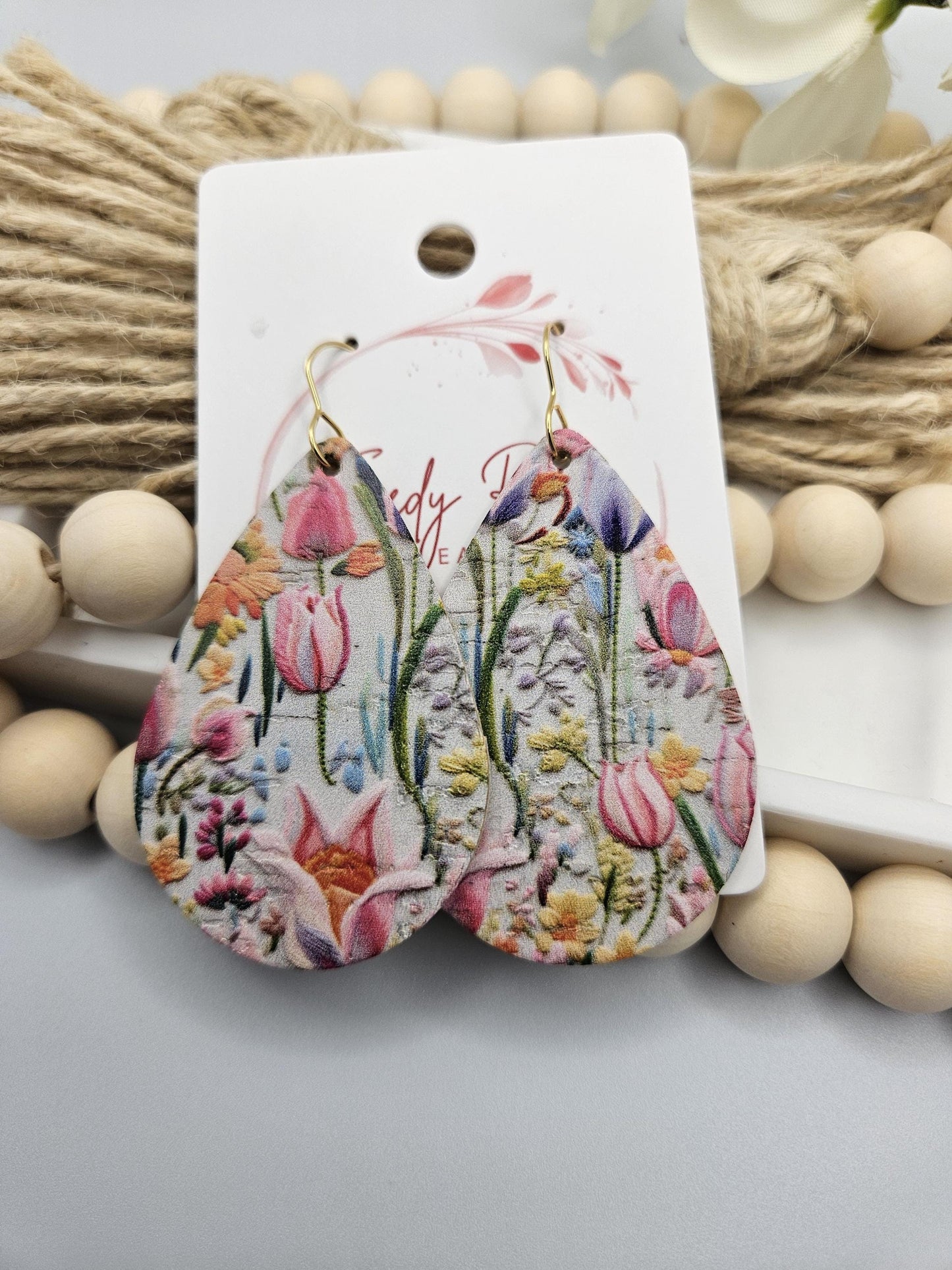 Large Tulip Cork Teardrop Earrings Backed with Genuine Leather