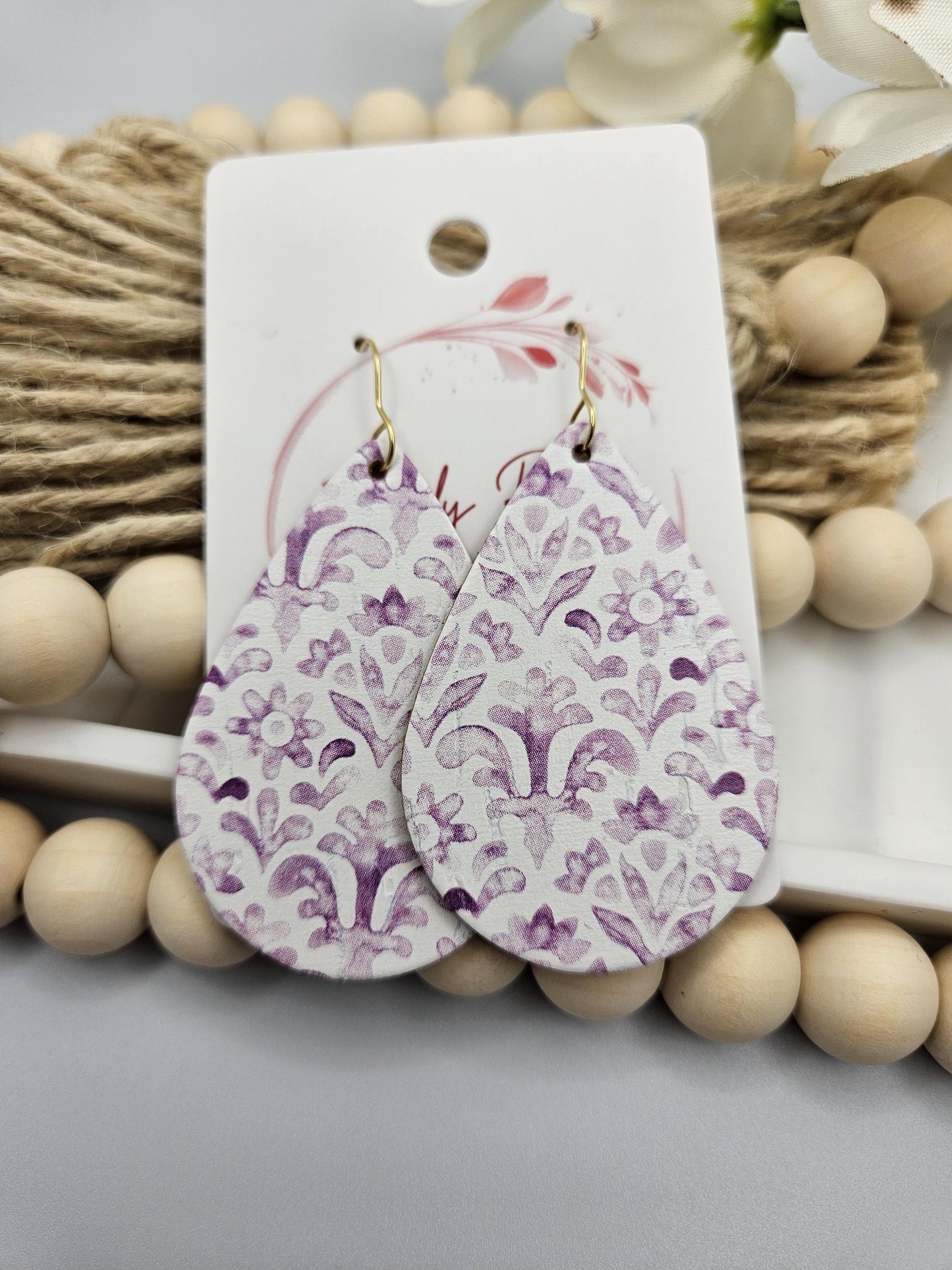 Large Purple Watercolor Print Cork Teardrop Earrings Backed with Genuine Leather