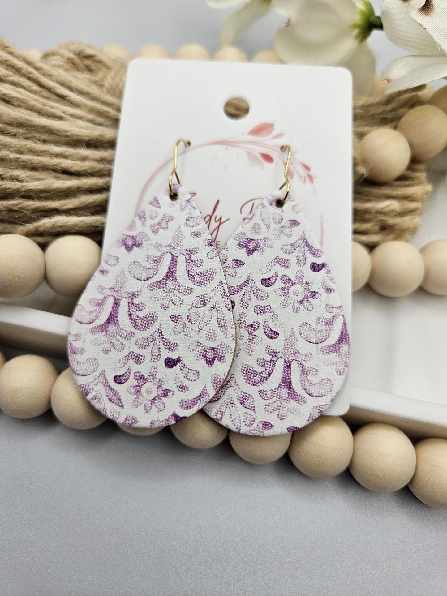 Large Purple Watercolor Print Cork Teardrop Earrings Backed with Genuine Leather