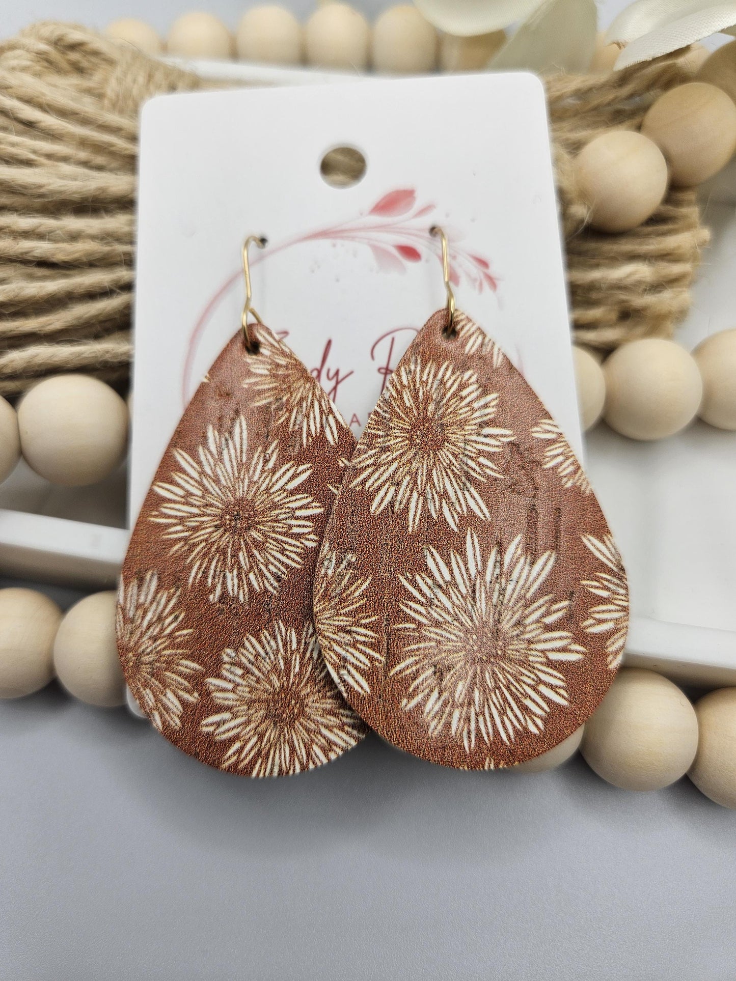 Large Fall Floral Cork Teardrop Earrings Backed with Genuine Leather